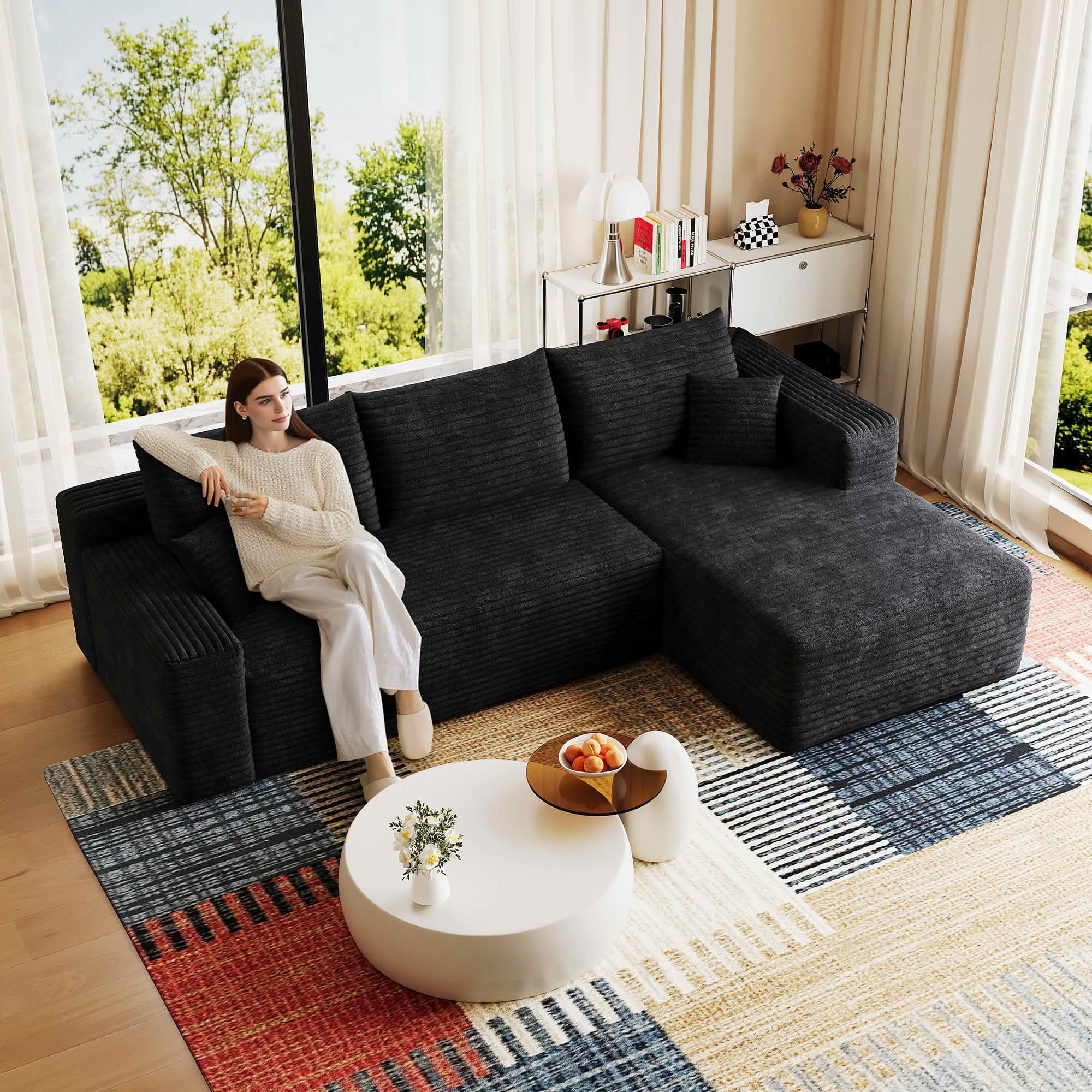 MAYEERTY 94-Inch Black Plush Corduroy 3-Seat U-Shaped Cloud Modular Sectional Sofa, Deep Seat Corner Couch No Assembly Required