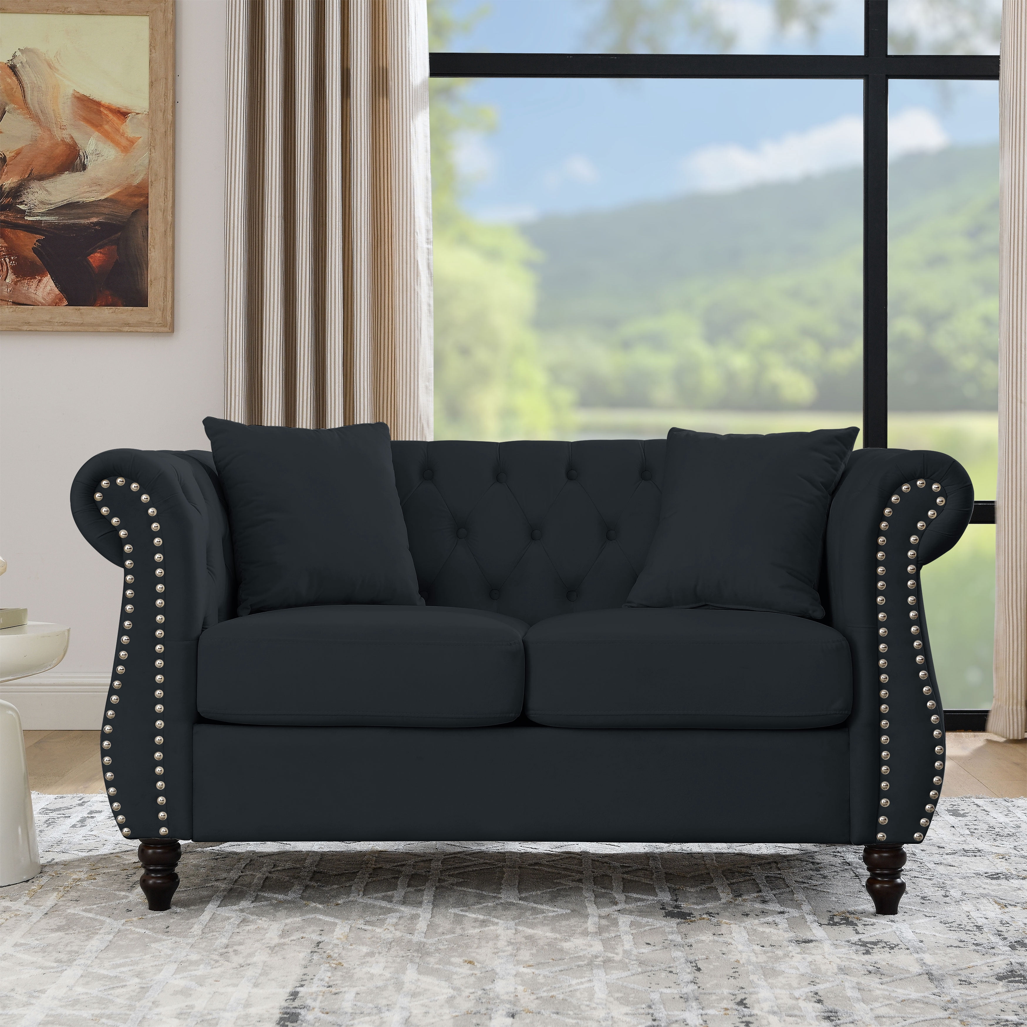 MAYEERTY 63.5" Contemporary Design sofa, Tech Fabric Button Design Living Room Sectional, Button Tufted with Nail Design Arms with 2 Pillows, Upholstered Upholstery and Wooden Legs