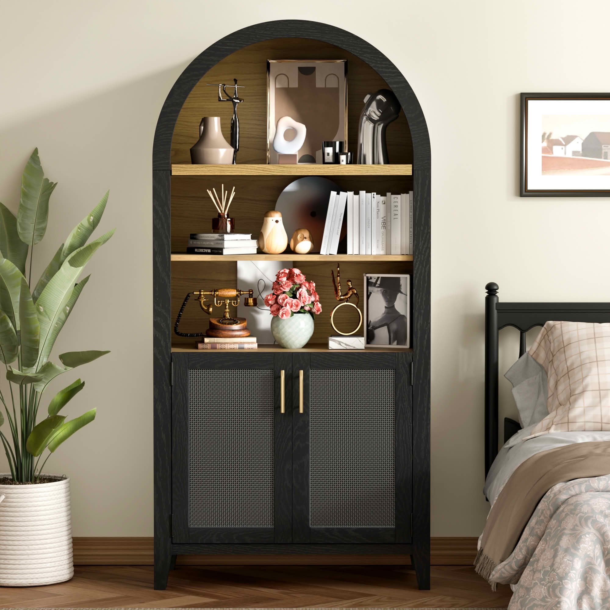 MAYEERTY 63" Arch Cabinet with Rattan Woven Doors Black Beech Wood, for Living Room Entryway