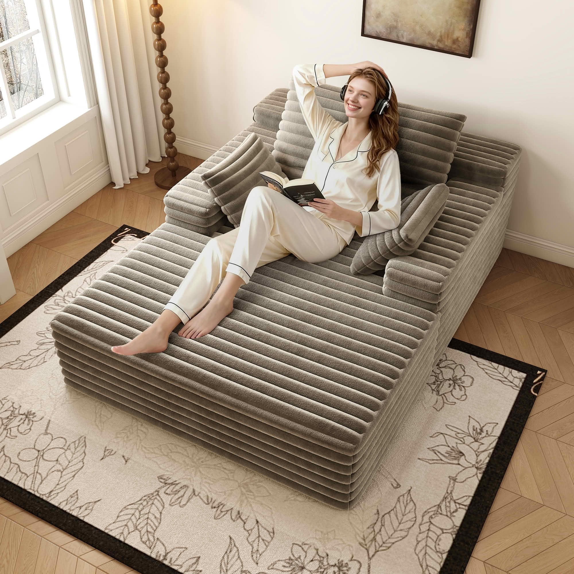 MAYEERTY 63" Camel Oversized Indoor Chaise Lounge, Plush Sleeper Sofa with Warm, Cozy Fabric, No Assembly – Your Go-To for Ultimate Comfort