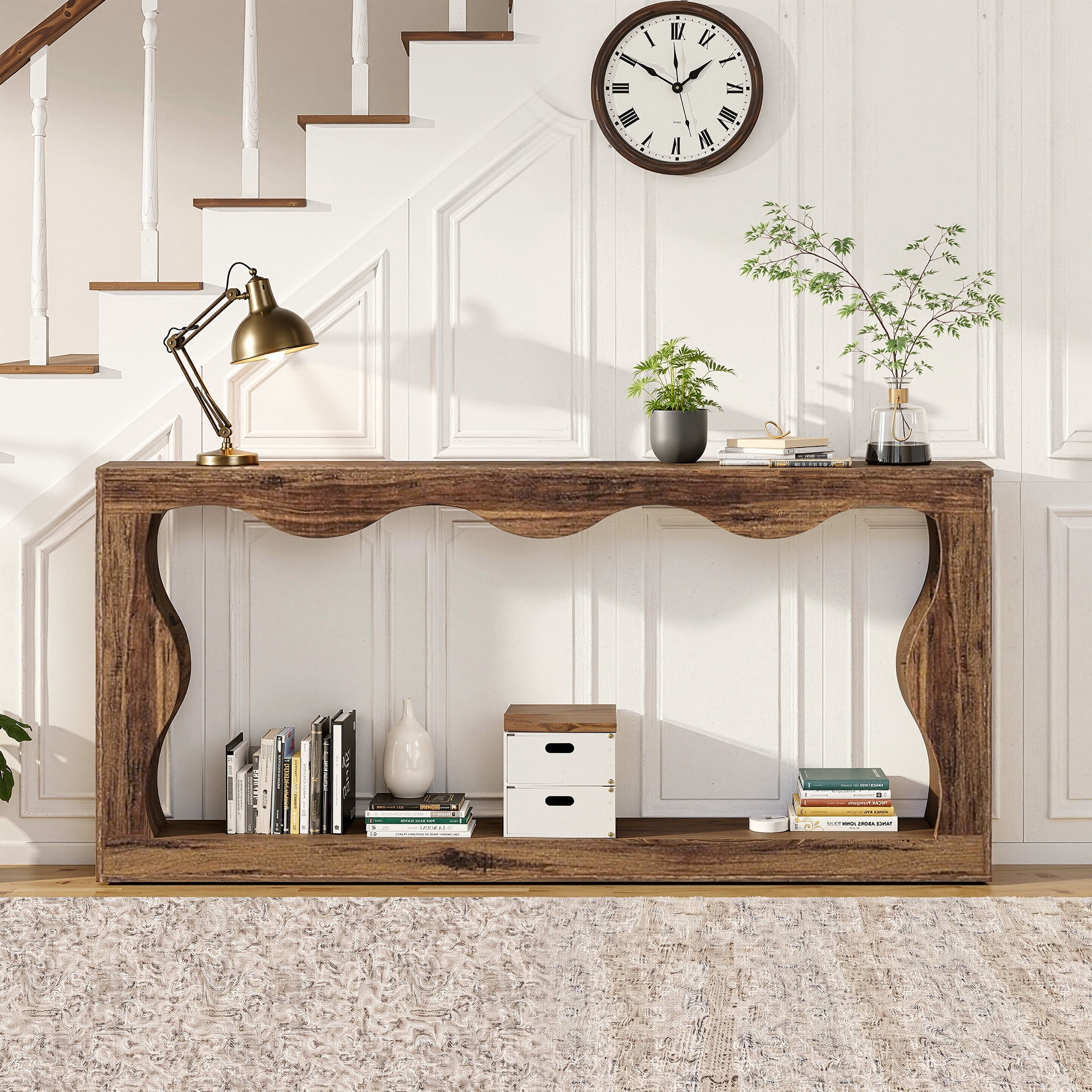 MAYEERTY 63" Wavy Scalloped Console Table, Retro Farmhouse 2-Tier Entryway Table for Home