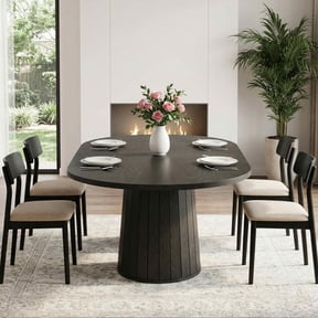 MAYEERTY 55 Inch Oval Dining Table, Elegant Kitchen Dinner Table with Cylindrical Wooden Pedestal Base for Family Dining