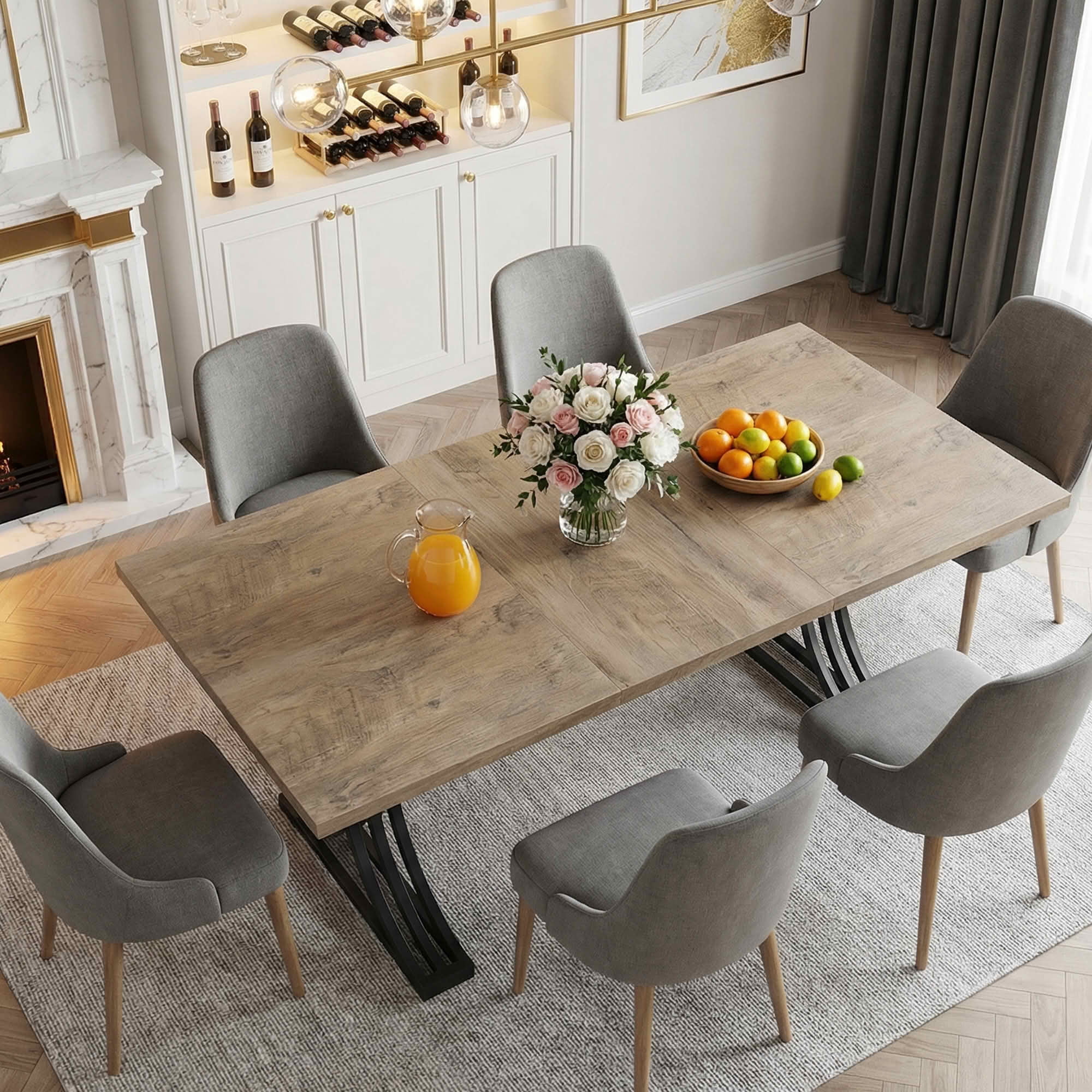 MAYEERTY 63" Modern Rectangular Dining Table, Gray Faux Marble Tabletop, Half-Moon Black Metal Legs with Anti-Scratch Foot Pads