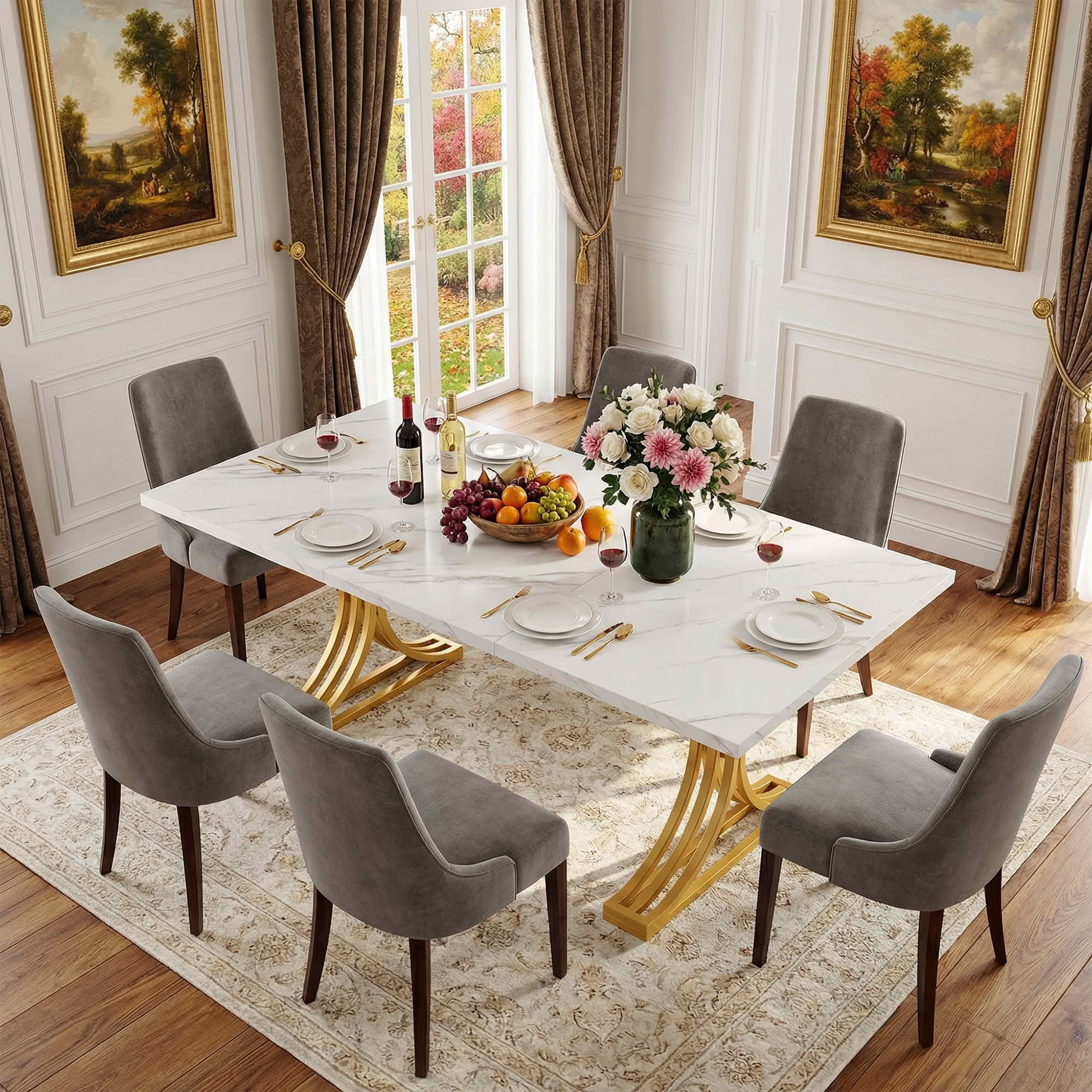 MAYEERTY 63" Faux Marble Gold Metal Dining Table, Modern Elegant Kitchen Table