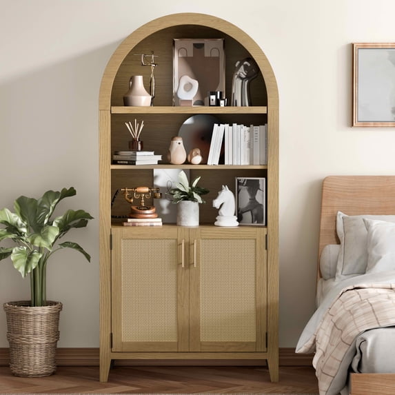 MAYEERTY 63" Full Oak Color Arch Cabinet with Rattan Woven Doors, for Home Office Bedroom