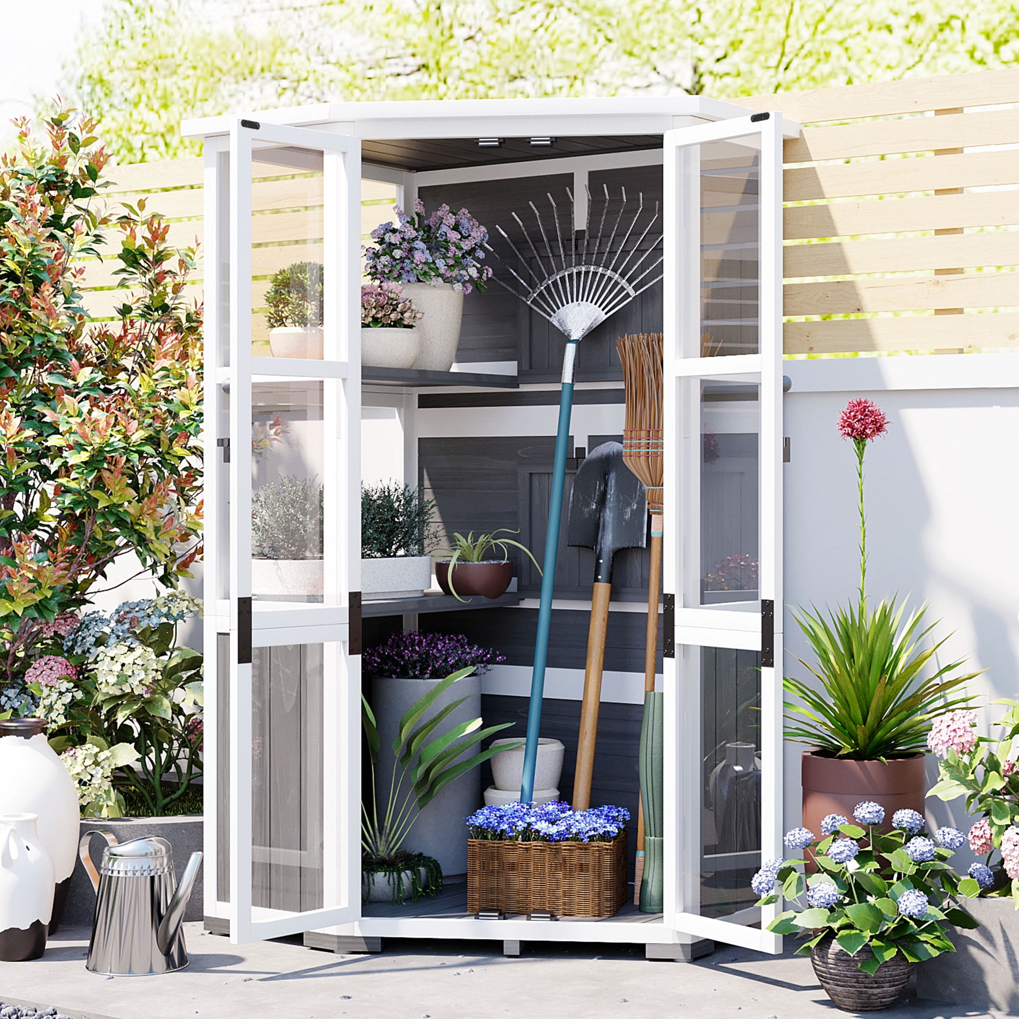 MAYEERTY 63'' Garden Wood Storage Cabinet – Outdoor Tool Shed & Mini Greenhouse with Lockable Door, Waterproof Roof, and Adjustable Shelves