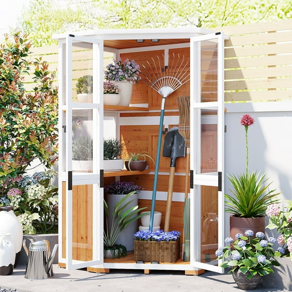 MAYEERTY 63'' Garden Wood Storage Cabinet – Outdoor Tool Shed & Mini Greenhouse with Lockable Door, Waterproof Roof, and Adjustable Shelves