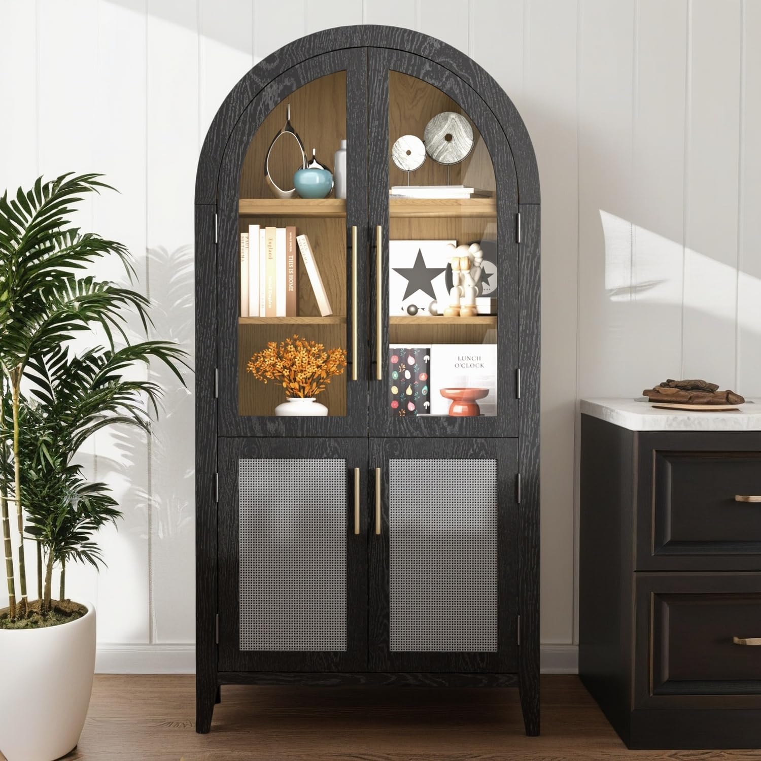 MAYEERTY 63"H Arched Accent Cabinet, Wood Kitchen Storage Cabinets with Glass Rattan Door and Adjustable Shelf for Living Room, Dining Room, Black