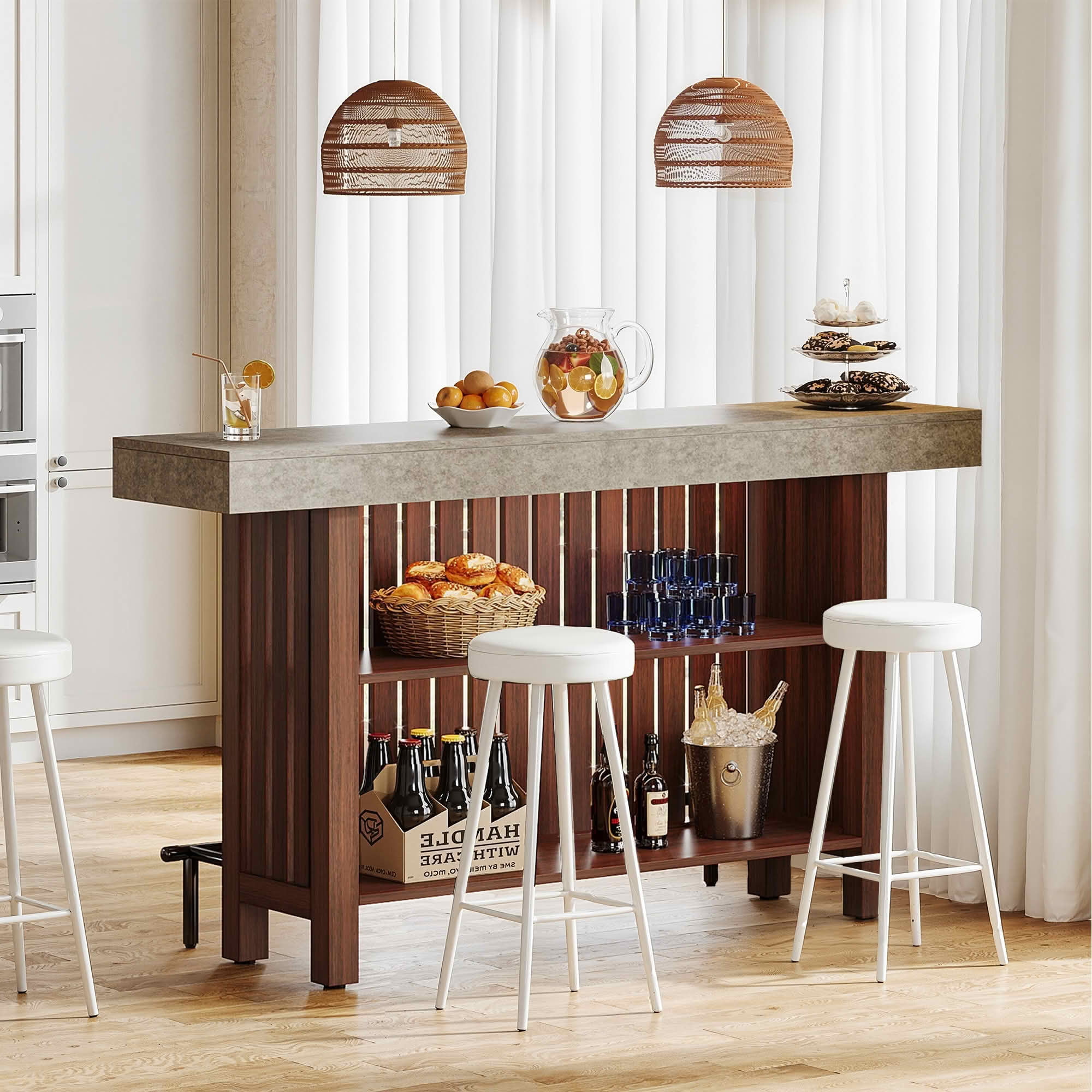MAYEERTY 63 Inch 2 Tier Home Bar Unit, Height Pub Table with Storage Shelves, Modern Kitchen Island with Adjustable Foot Pads for Basement Living Room