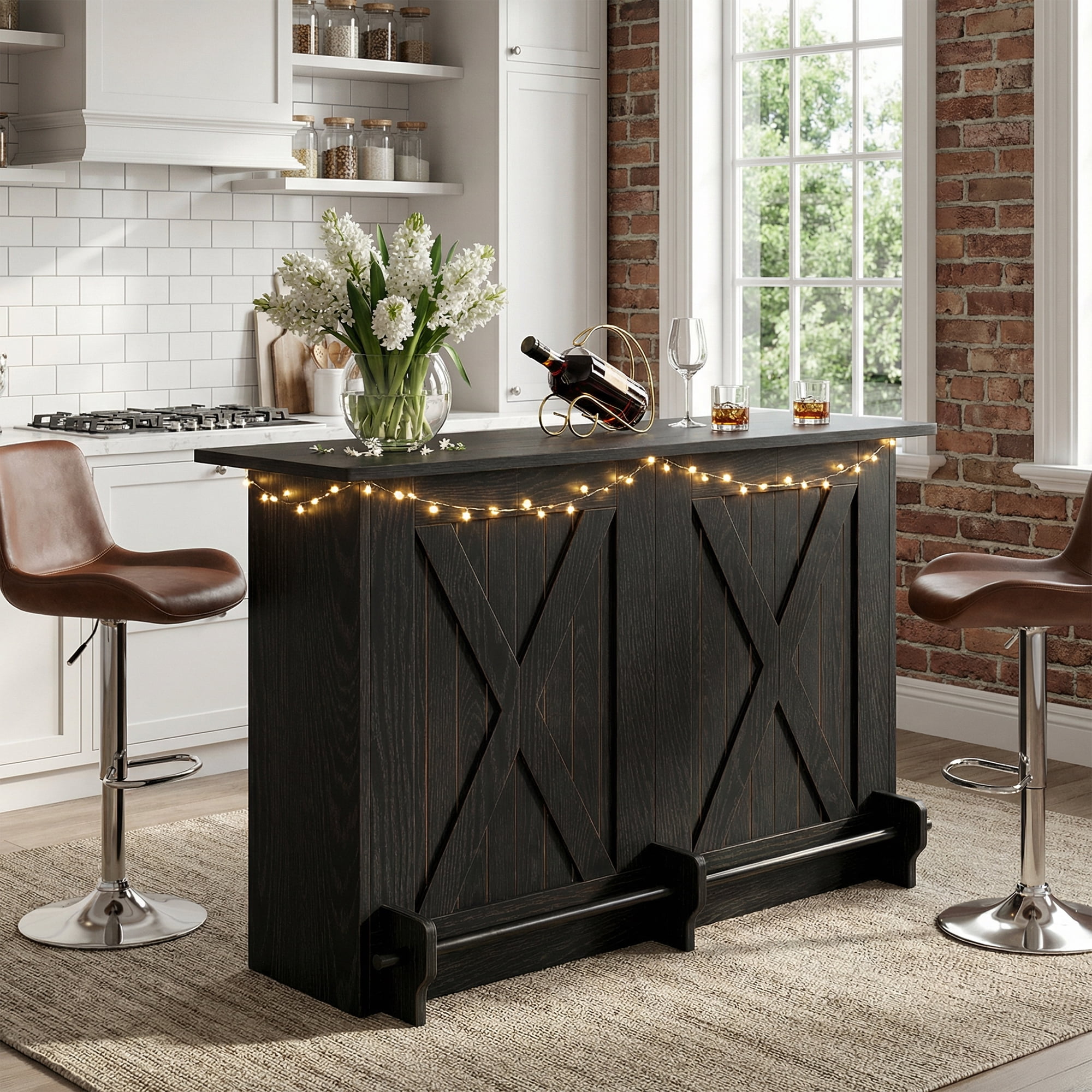 MAYEERTY 63 Inch 2 Tier Home Bar Unit, Industrial Bar Table Coffee Cabinet with Footrest, Adjustable Leg Pads for Home Party Wine Storage