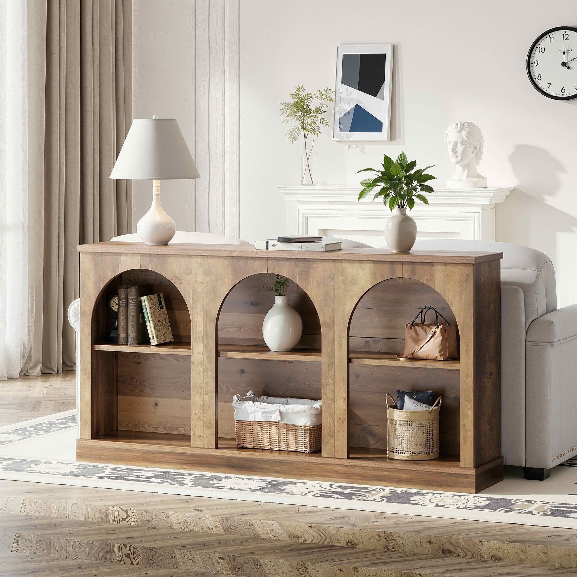 MAYEERTY 63 Inch 3-Tier Farmhouse Storage Console Table, Arched Front Waterproof MDF Entry Sofa Hall TV Table