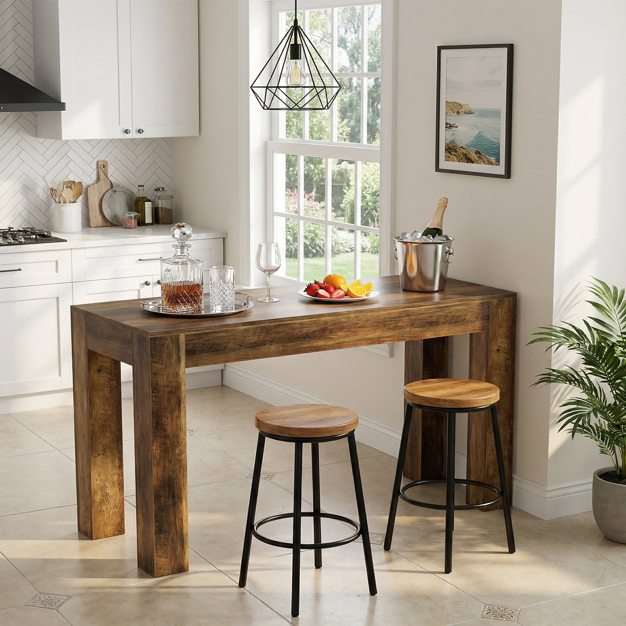 MAYEERTY 63 Inch Long Rectangular Counter Height Pub Table, Farmhouse Wooden Bar Table with Four Sturdy Legs for Breakfast Nook and Home Gathering
