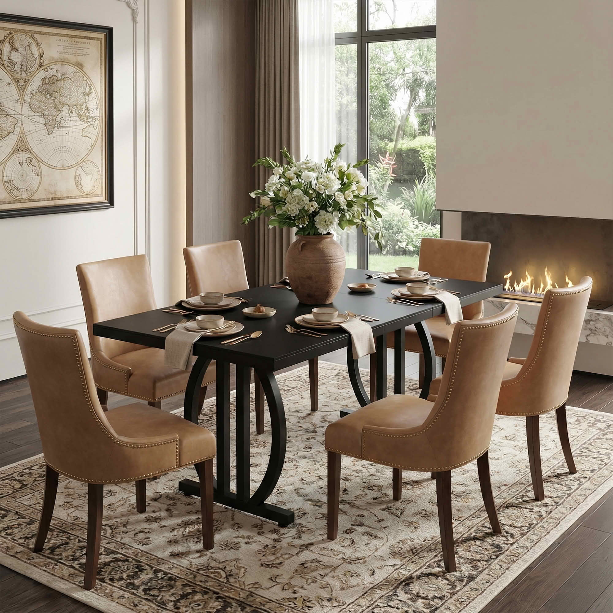 MAYEERTY 63 Inch Modern Dining Table, All Black Rectangular Kitchen Dinner Table with Sturdy Metal Frame for 4 to 6 People