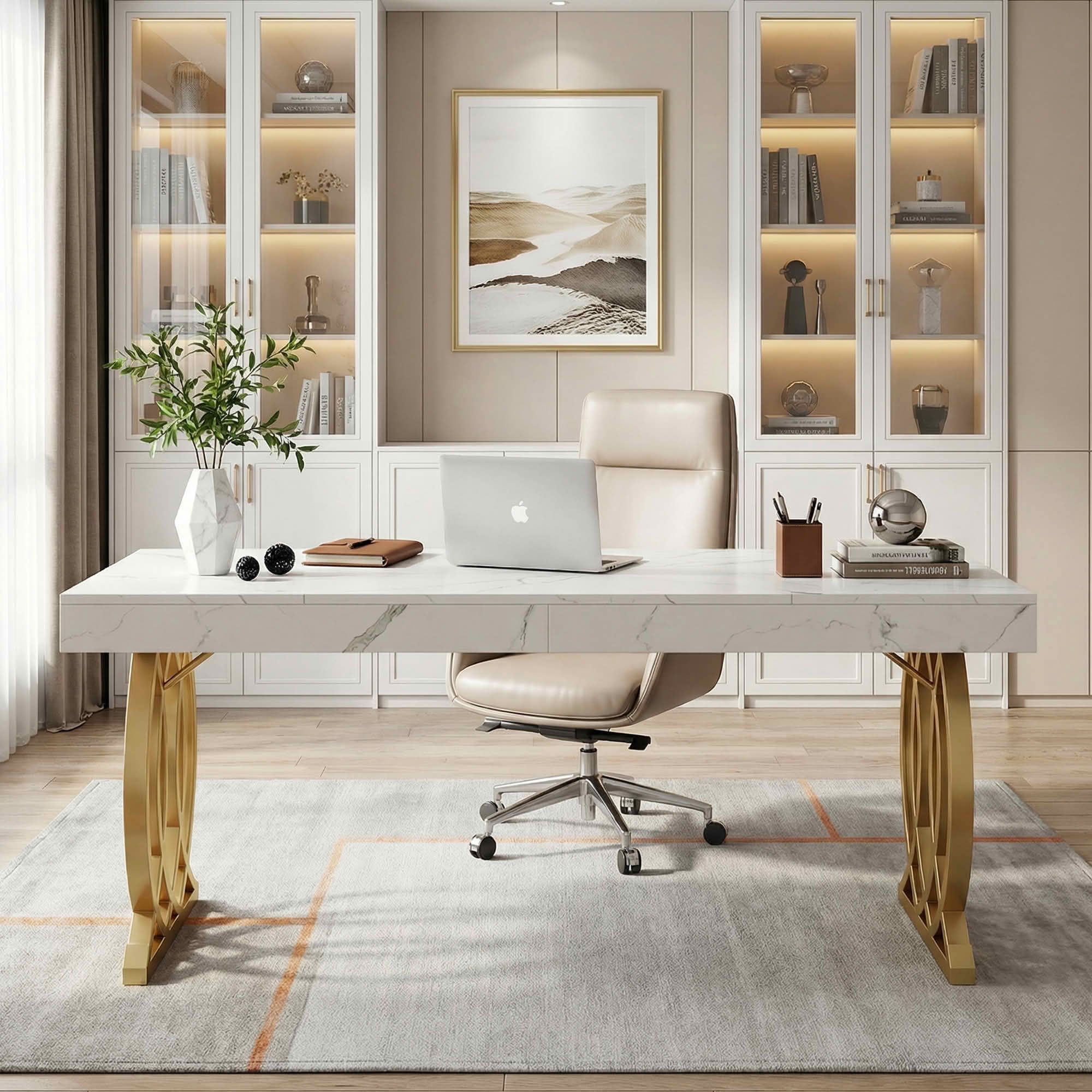 MAYEERTY 63 Inch Modern Rectangular Dining Table, White Faux Marble Kitchen Dinner Table with Gold Geometric Metal Legs for 4 to 6 People