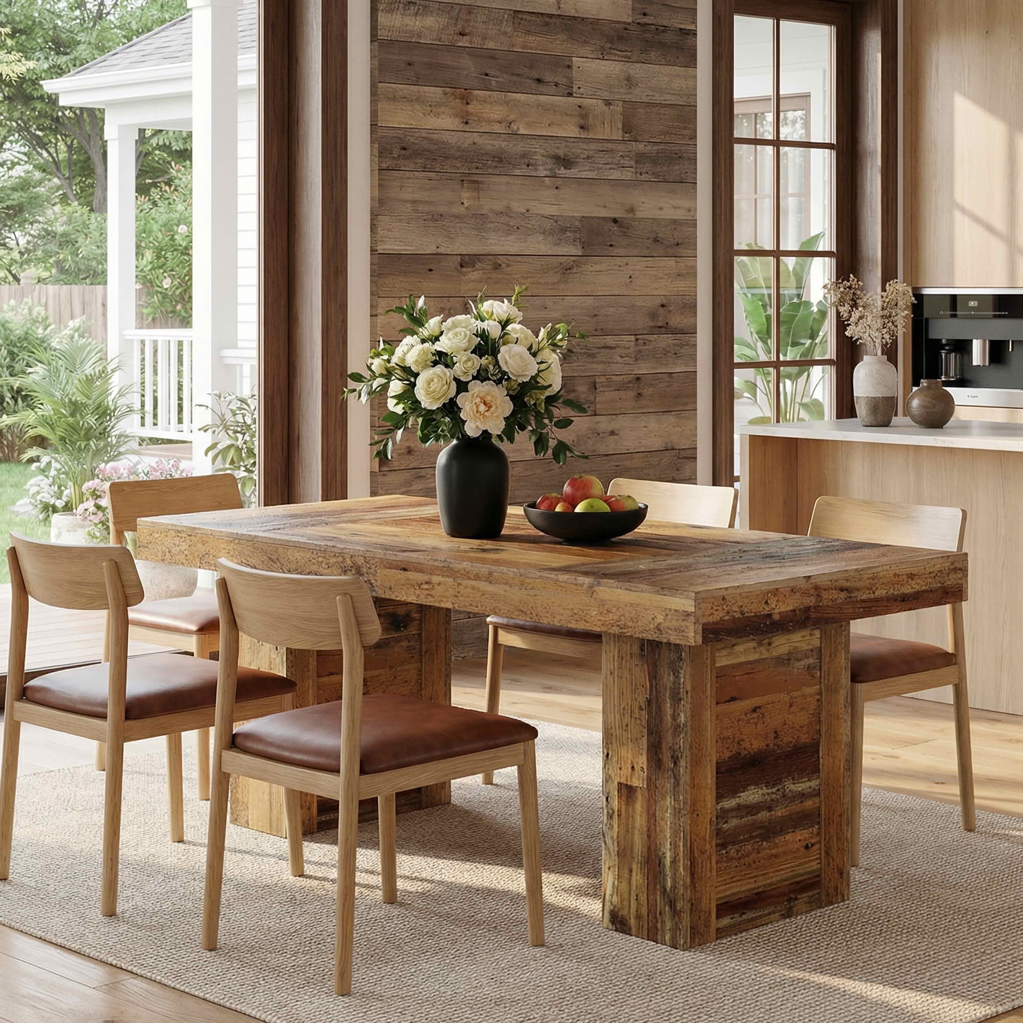 MAYEERTY 63 Inch Rectangular Farmhouse Dining Table, Patchwork Wood Grain Kitchen Dinner Table with Slatted Wide Legs for 6 People