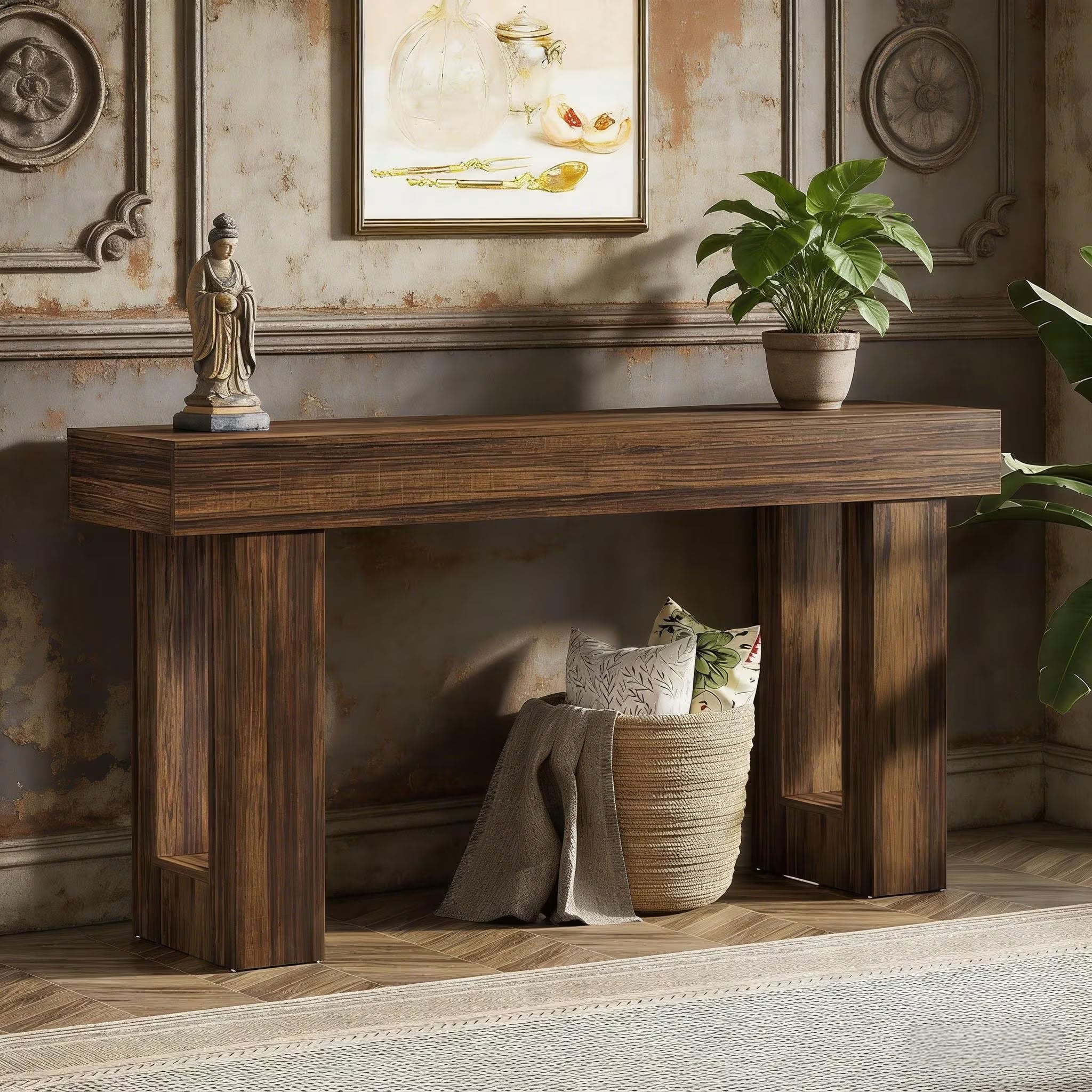 MAYEERTY 63 Inch Rustic Console Table, Farmhouse Wooden Table with Thick Legs for Entryway, Hallway, Living Room