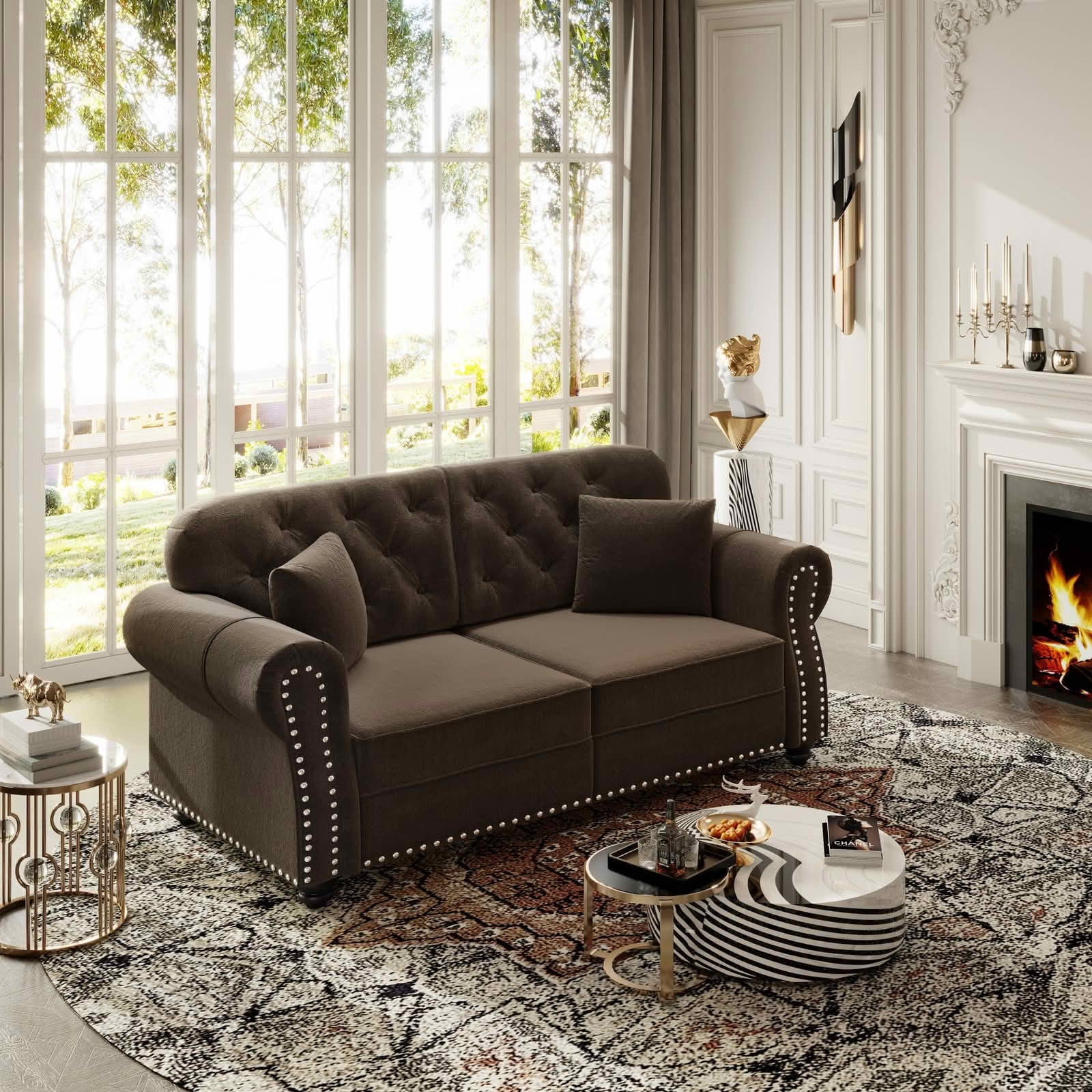 MAYEERTY 63 Inch Velvet Chesterfield Loveseat, Mid‑Century Modern Couch with Button Tufting, Nailhead Trim and Rolled Armrests, Comes with 2 Pillows for Home Living Room