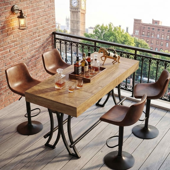 MAYEERTY 63" Industrial Farmhouse Counter Height Table, 6-8 Seater with Metal Footrest, Rustic Wood Grain MDF Top Kitchen Pub Table