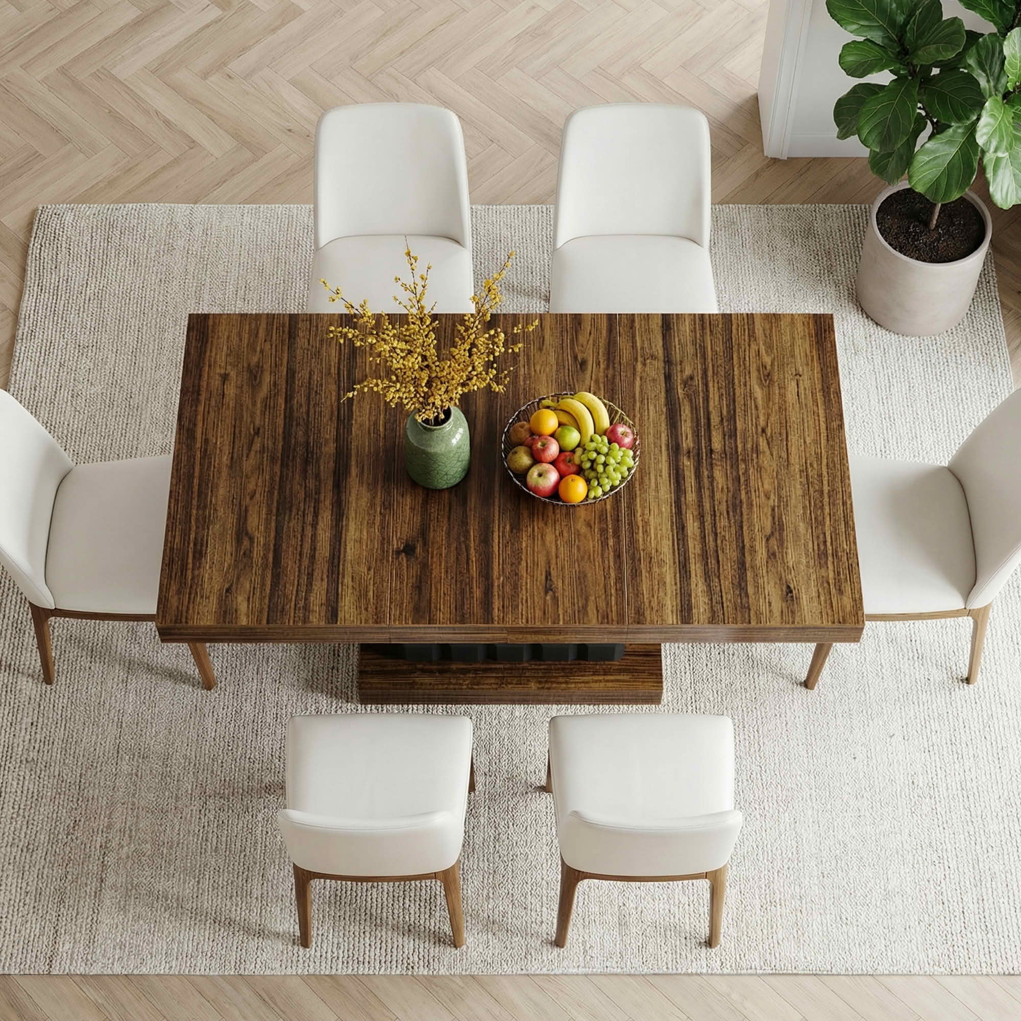 MAYEERTY 63" Modern Geometric Dining Table, Brown MDF Top Cubed Black Base Kitchen Table
