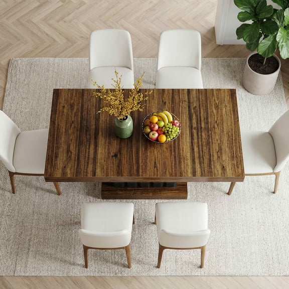 MAYEERTY 63" Modern Geometric Dining Table, Brown MDF Top Cubed Black Base Kitchen Table