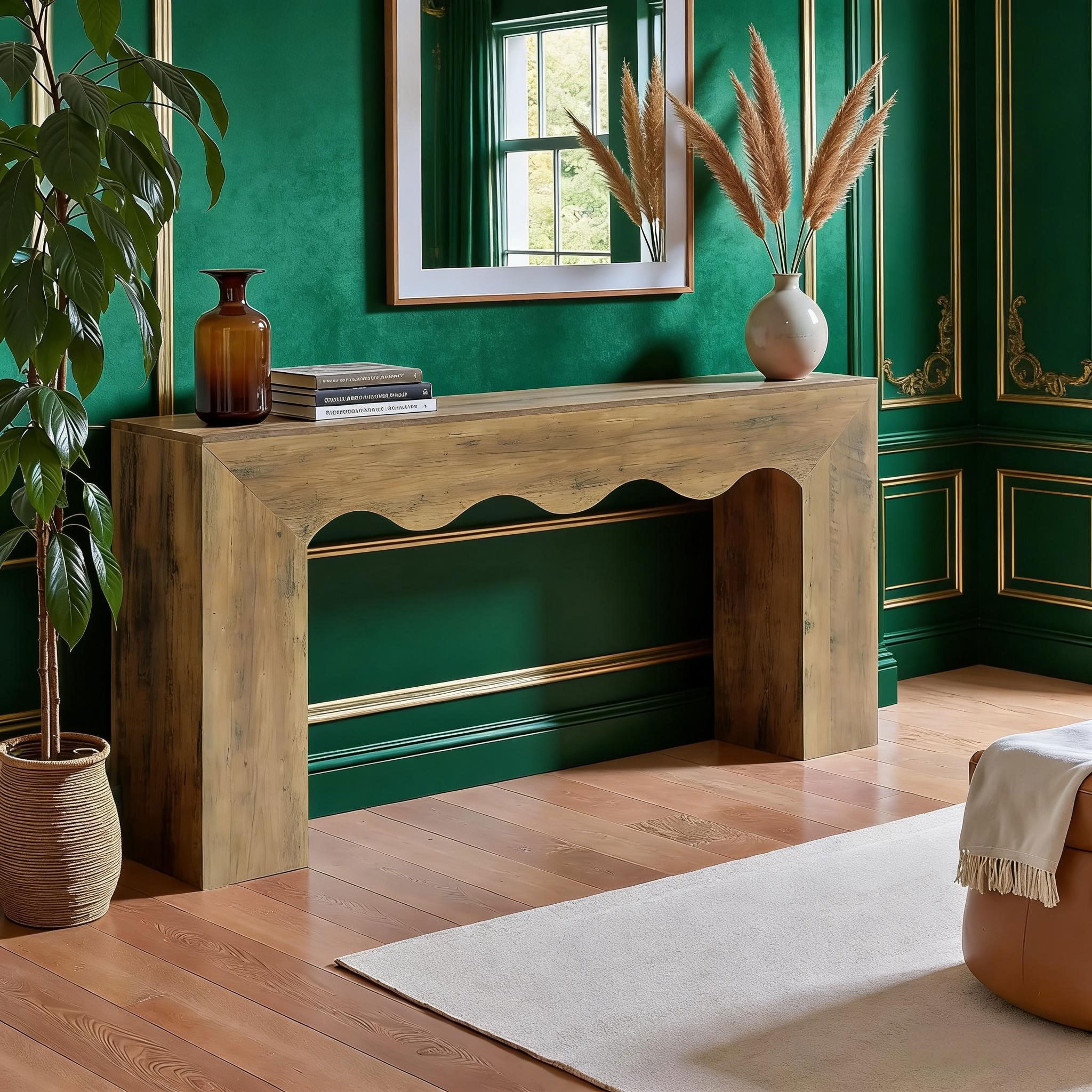 MAYEERTY 63" Retro Console Table, Wooden Entryway Sofa Table with Unique Wave Edge Design, Vintage Hallway Accent Stand with Storage for Living Room