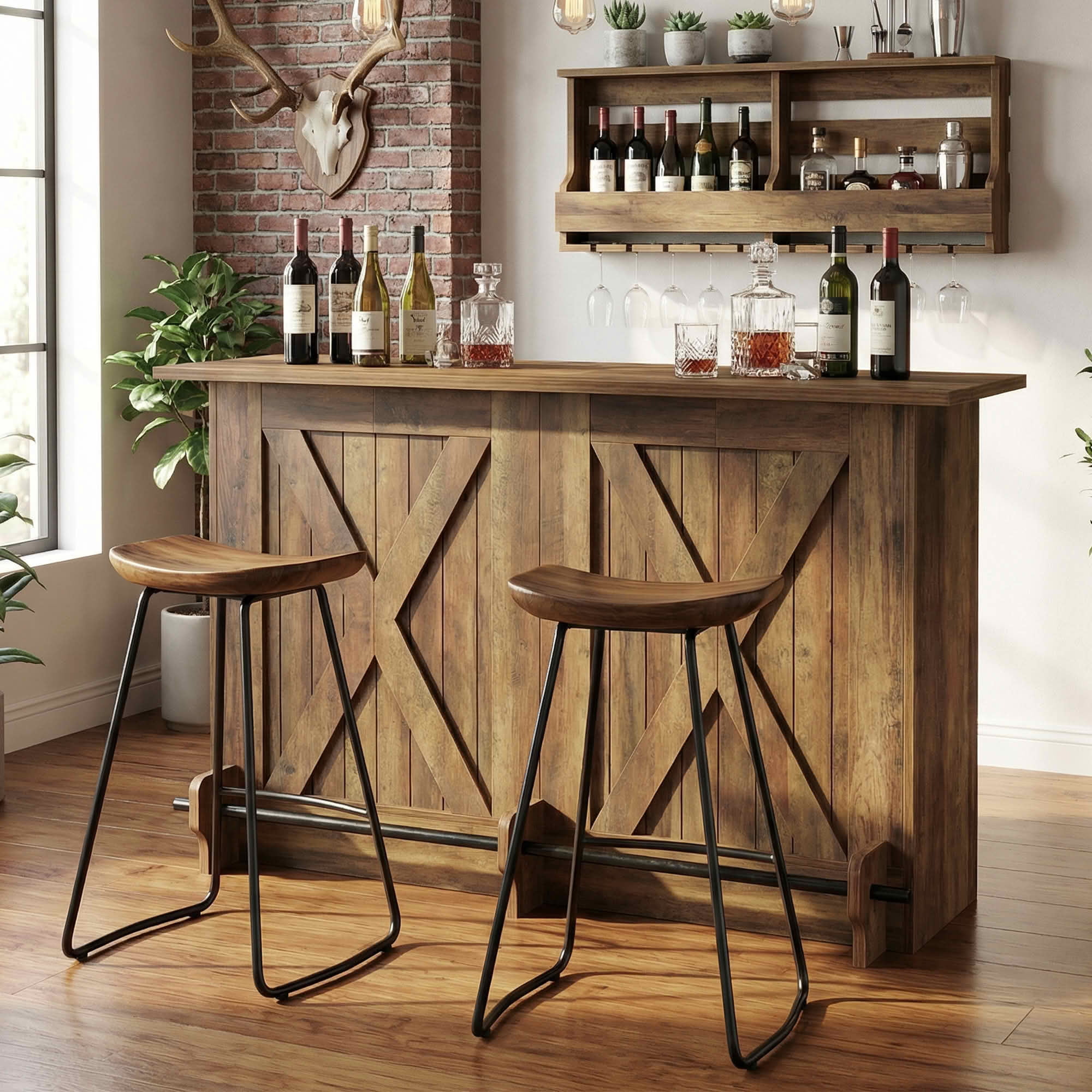 MAYEERTY 63 Inch 2 Tier Home Bar Unit, Industrial Bar Table Coffee Cabinet with Footrest, Adjustable Leg Pads for Home Party Wine Storage
