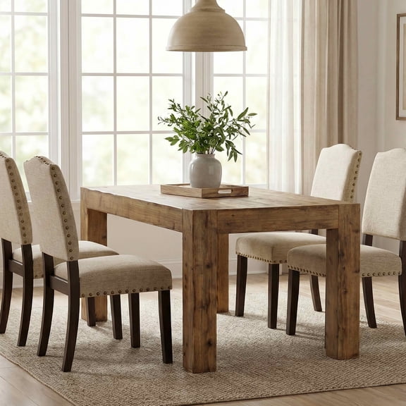 MAYEERTY 63" Solid Wood Farmhouse Dining Table, Rustic Brown 4-6 Seater Thick Top Multiuse Kitchen & Office Table