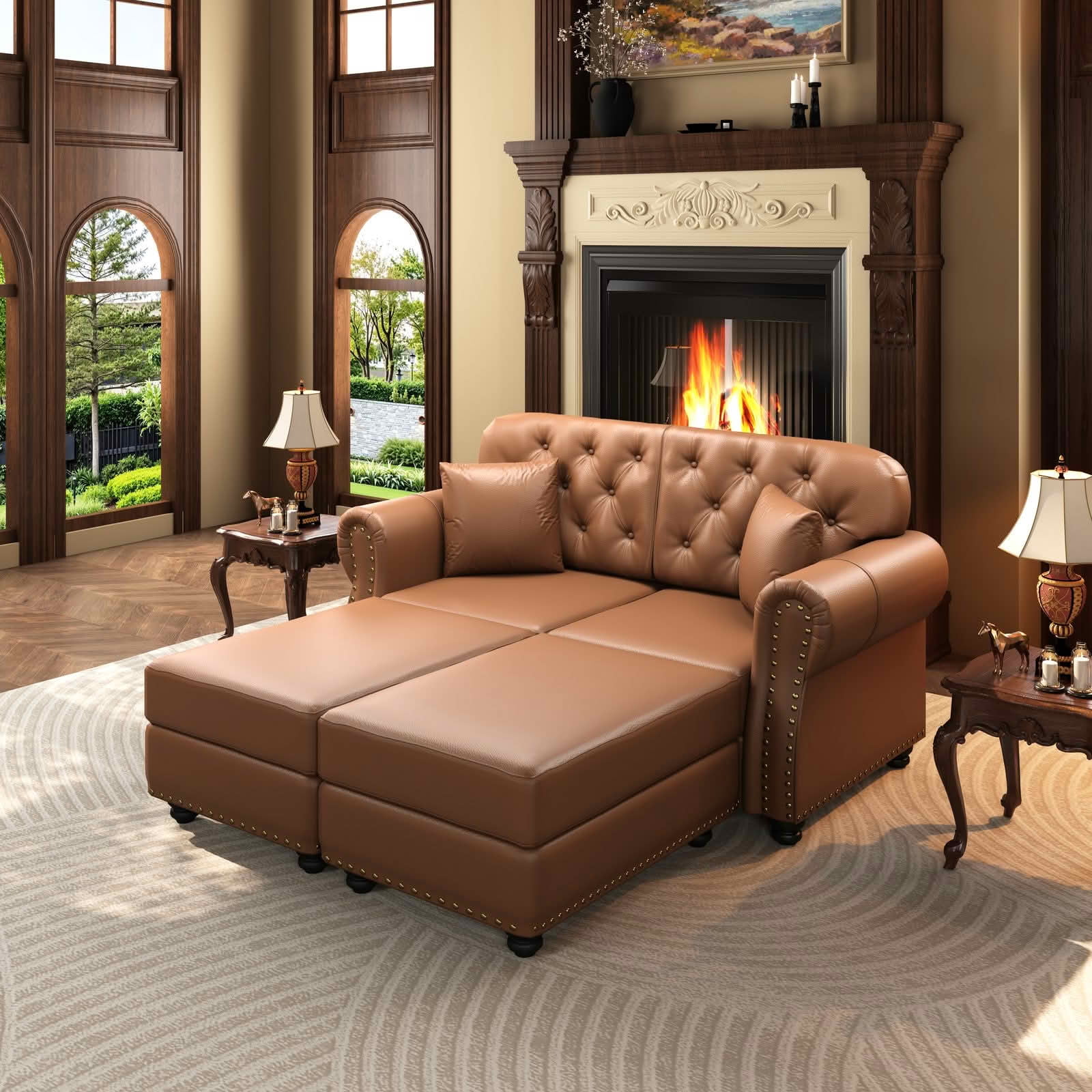 MAYEERTY 63" Upholstered Faux Leather Loveseat Sofa with 2 Ottomans, Mid‑Century Modern Chesterfield Couch with Button Tufted, Nailhead Trim & Rolled Armrests, Includes 2 Pillows