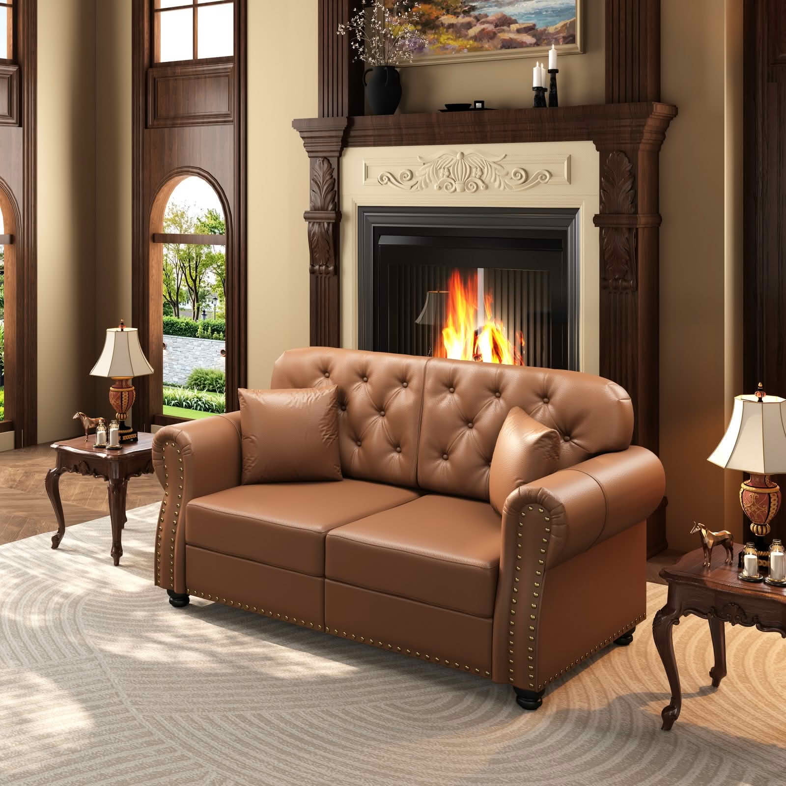 MAYEERTY 63" Upholstered Faux Leather Loveseat Sofa, Mid‑Century Modern Chesterfield Sofa with Button Tufted, Nailhead Trim & Rolled Armrests, Includes 2 Pillows