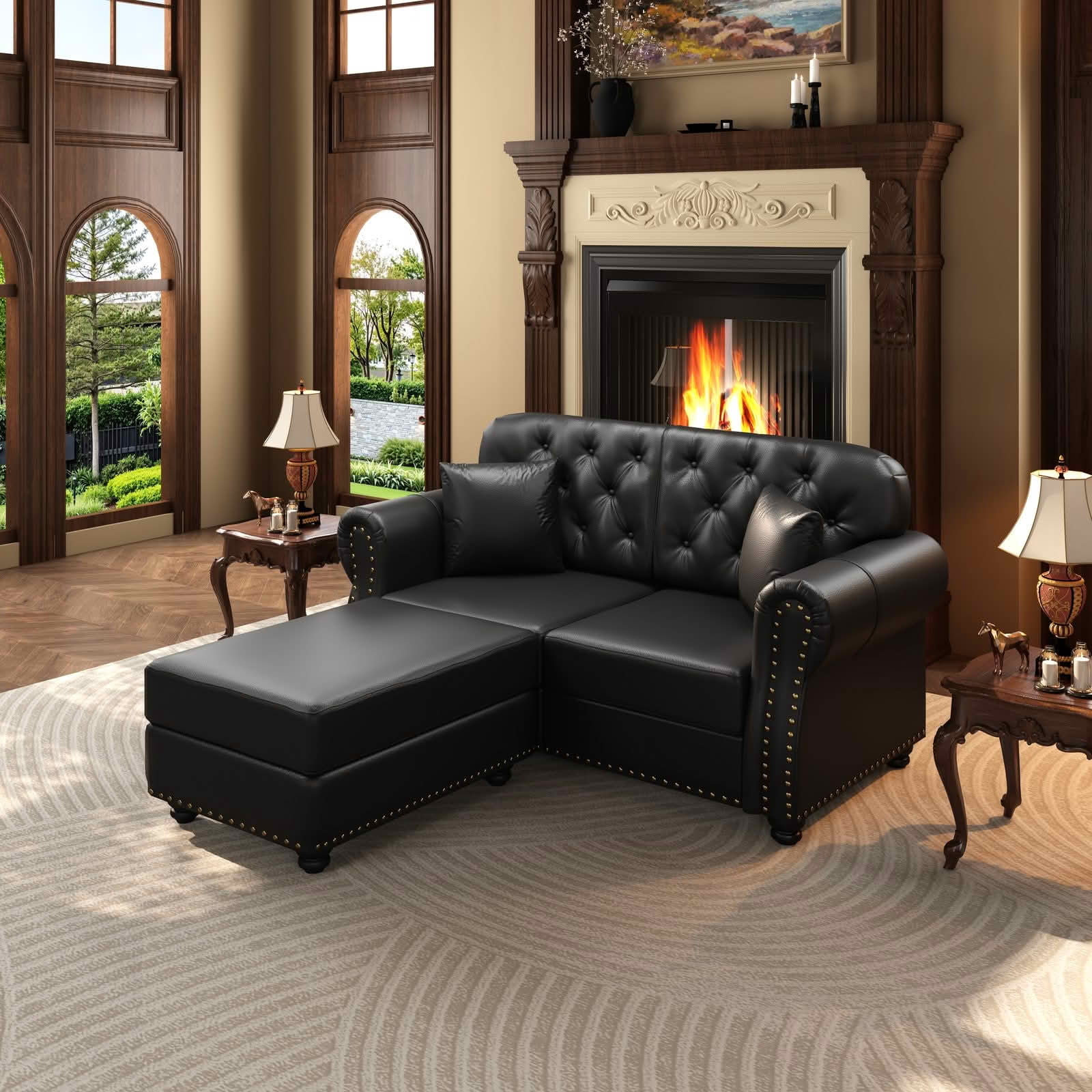 MAYEERTY 63" Upholstered Faux Leather Loveseat Sofa with Ottoman, Mid‑Century Modern Chesterfield Couch with Button Tufted, Nailhead Trim & Rolled Armrests, Includes 2 Pillows