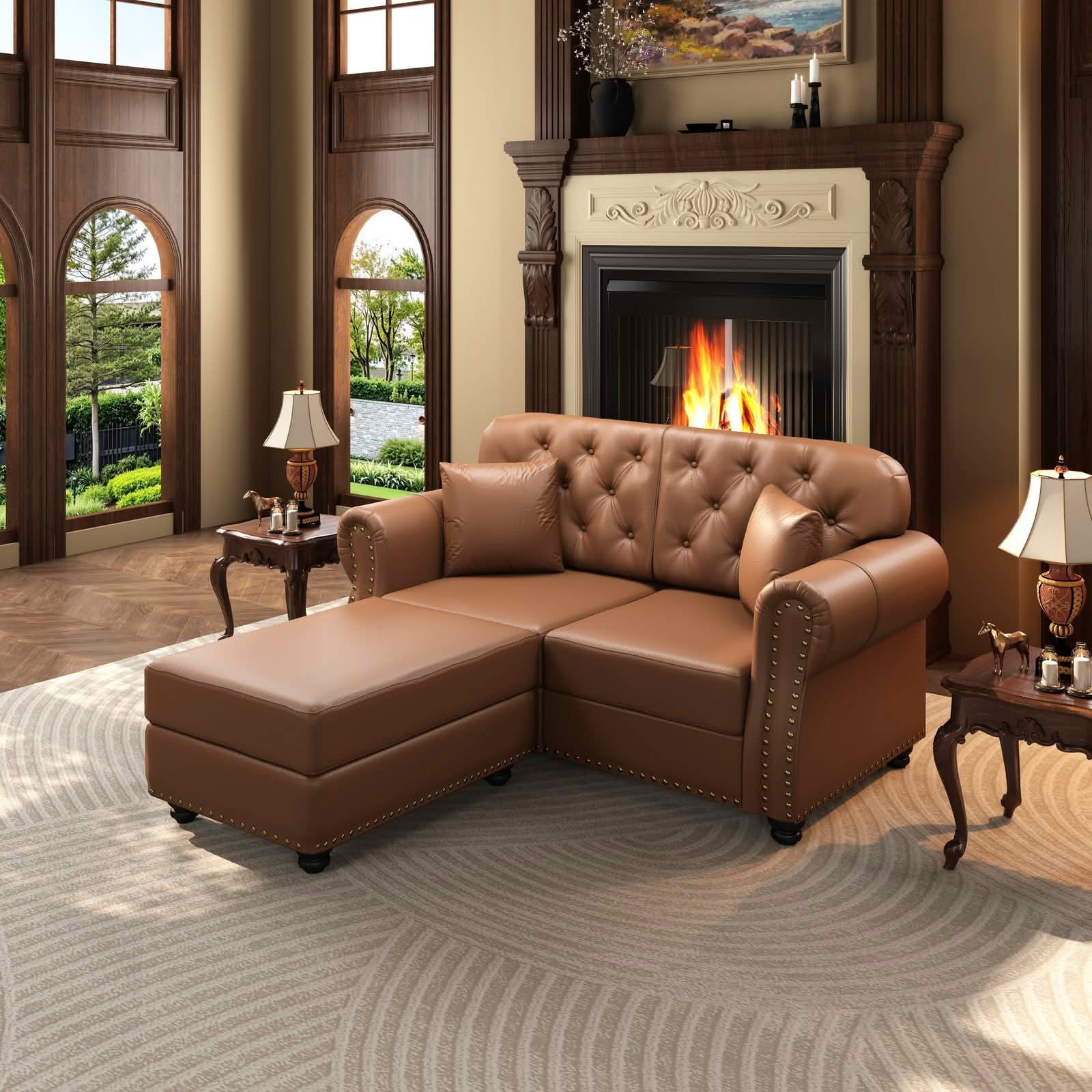 MAYEERTY 63" Upholstered Faux Leather Loveseat Sofa with Ottoman, Mid‑Century Modern Chesterfield Couch with Button Tufted, Nailhead Trim & Rolled Armrests, Includes 2 Pillows