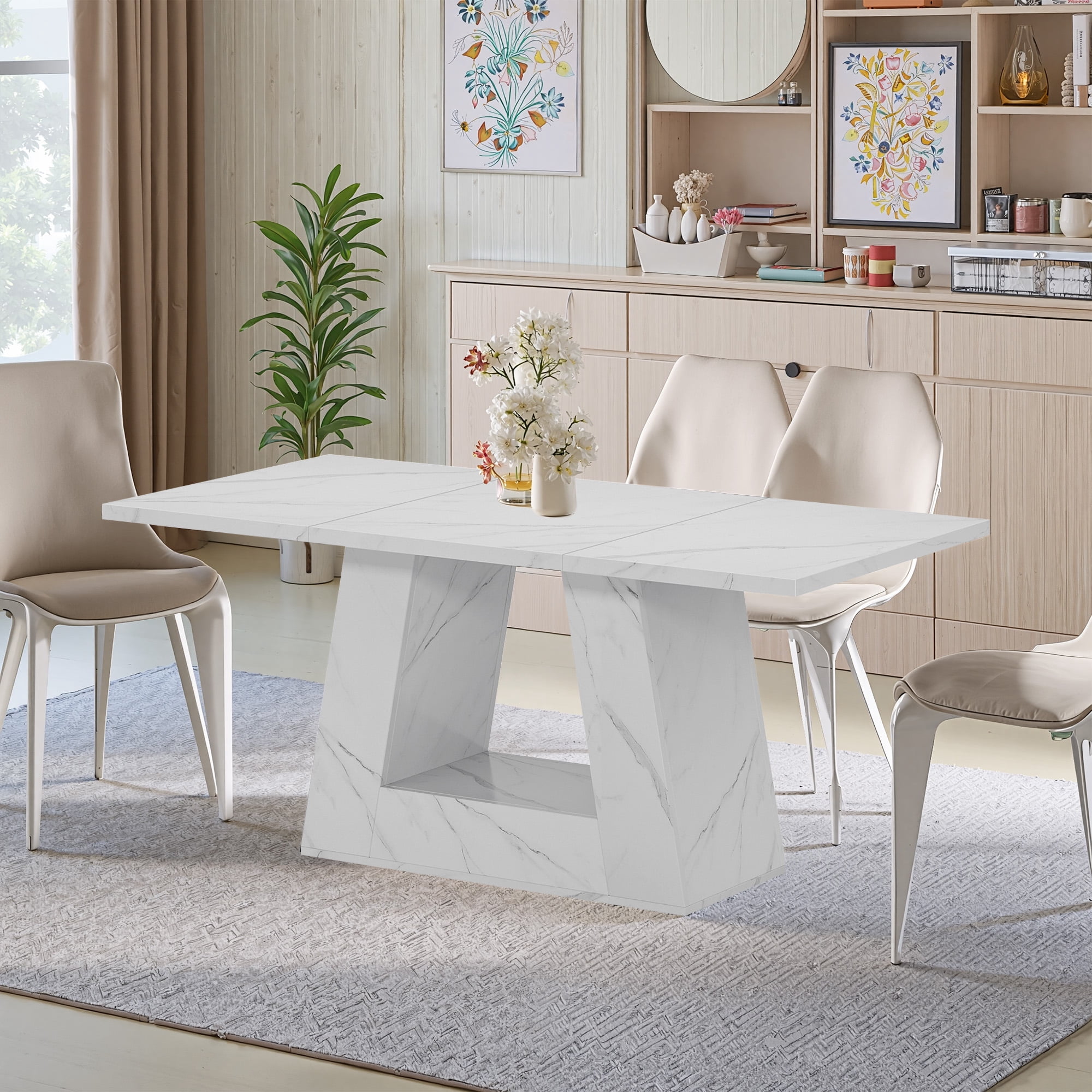 MAYEERTY 63" Faux Marble Dining Table for 4-6 People, Modern Kitchen Table with Trapezoidal Legs, Multi-Purpose Desk & Easy Assembly for Home