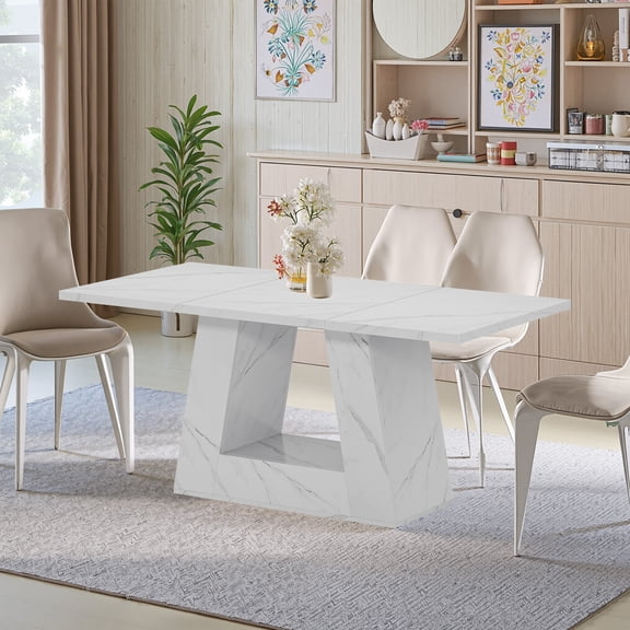 MAYEERTY 63" Faux Marble Dining Table for 4-6 People, Modern Kitchen Table with Trapezoidal Legs, Multi-Purpose Desk & Easy Assembly for Home
