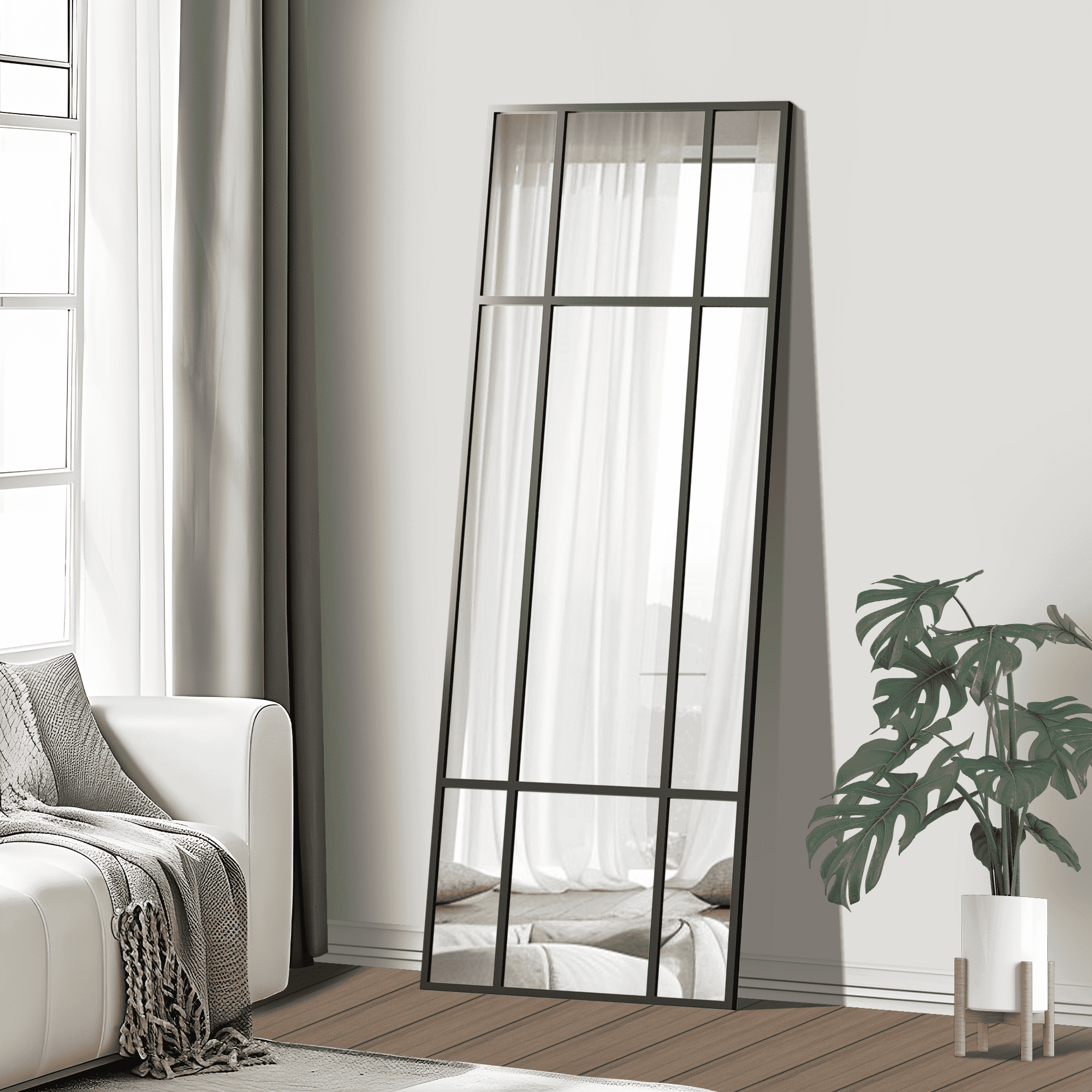 MAYEERTY 63"x24" Iron Right Angle Rectangular Black Grid Wall Hanging Mirror for Bedroom or Living Room