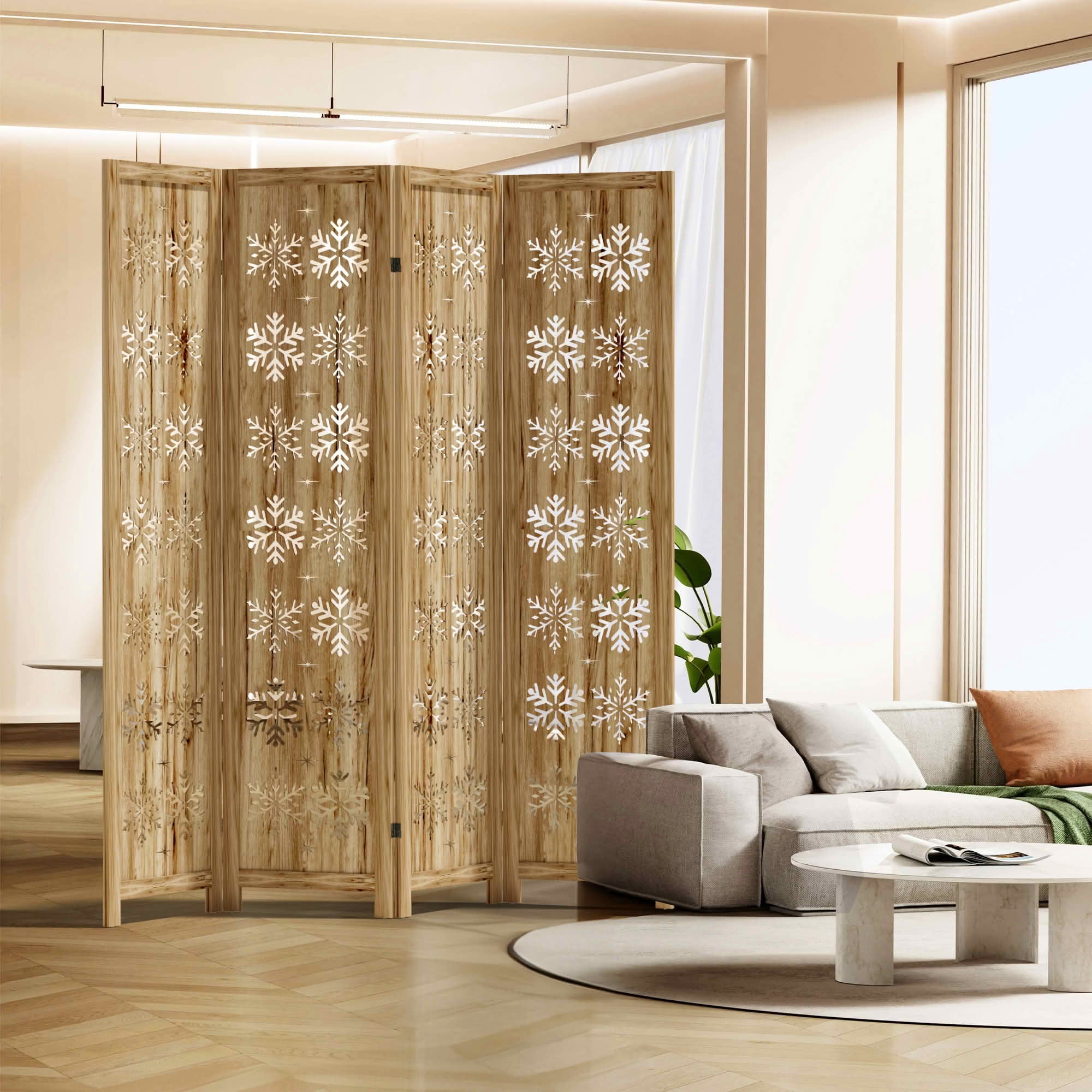 MAYEERTY 63x1x67 Inch Natural Charcoal Snowflake Wooden Folding Privacy Screen, 4 Panel Set for Home & Patio