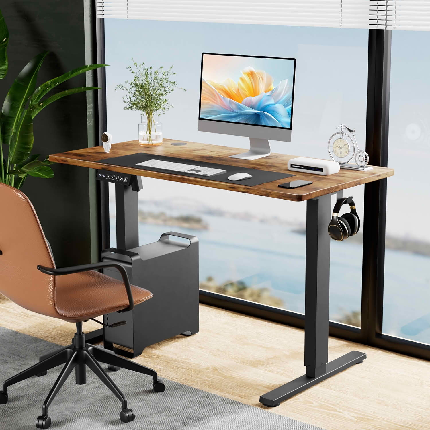 MAYEERTY 63x24 Electric Height Adjustable Standing Desk, Splice Board 2 Hooks Wire Hole, Home Office Computer Table, Rust