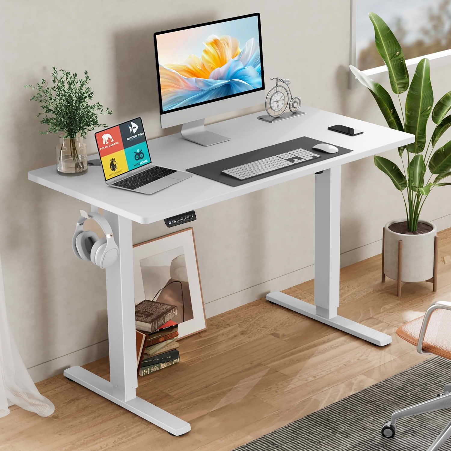 MAYEERTY 63x24 Electric Height Adjustable Standing Desk, Splice Board 2 Hooks Wire Hole, Home Office Computer Table, White