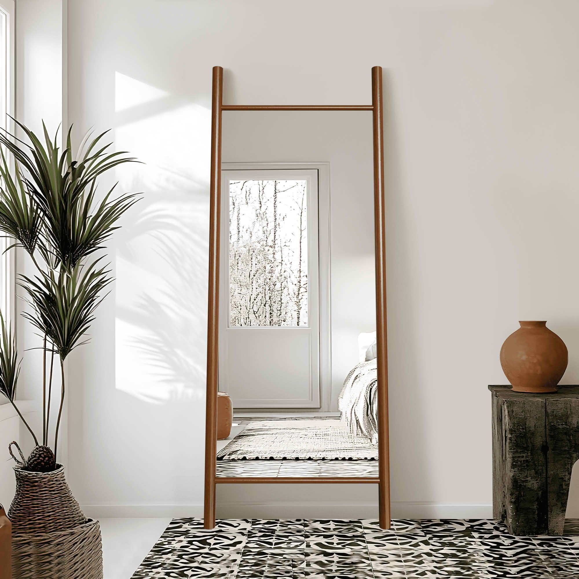 MAYEERTY 63x24x1 Inch Walnut Wood Ladder Rectangular Full Length Mirror, No Stand for Bedroom