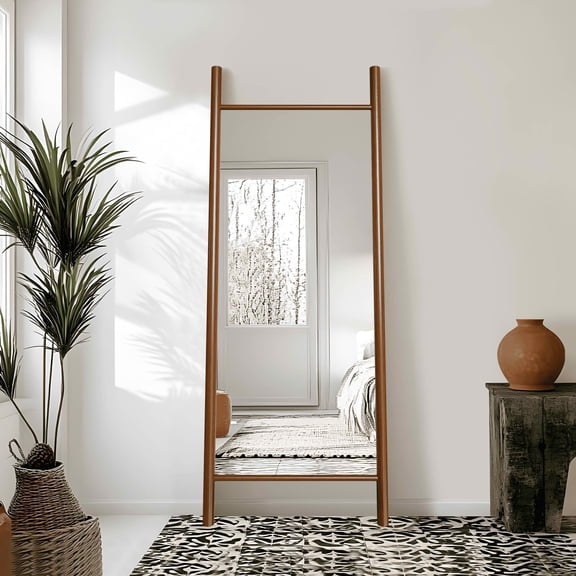 MAYEERTY 63x24x1 Inch Walnut Wood Ladder Rectangular Full Length Mirror, No Stand for Bedroom