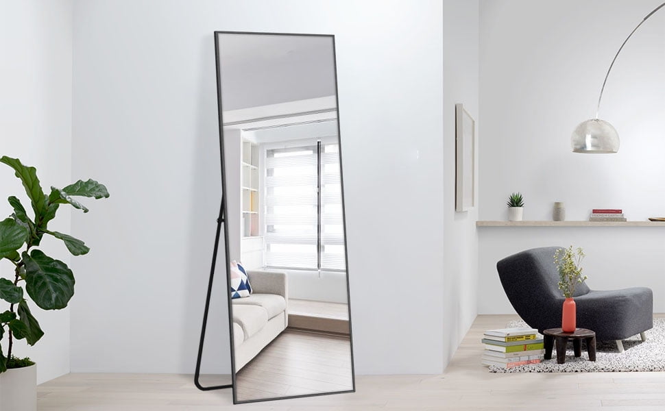 MAYEERTY 65"×22" Black Aluminum Slim-Frame Rectangular Full-Length Mirror Stable Stand for Bedroom