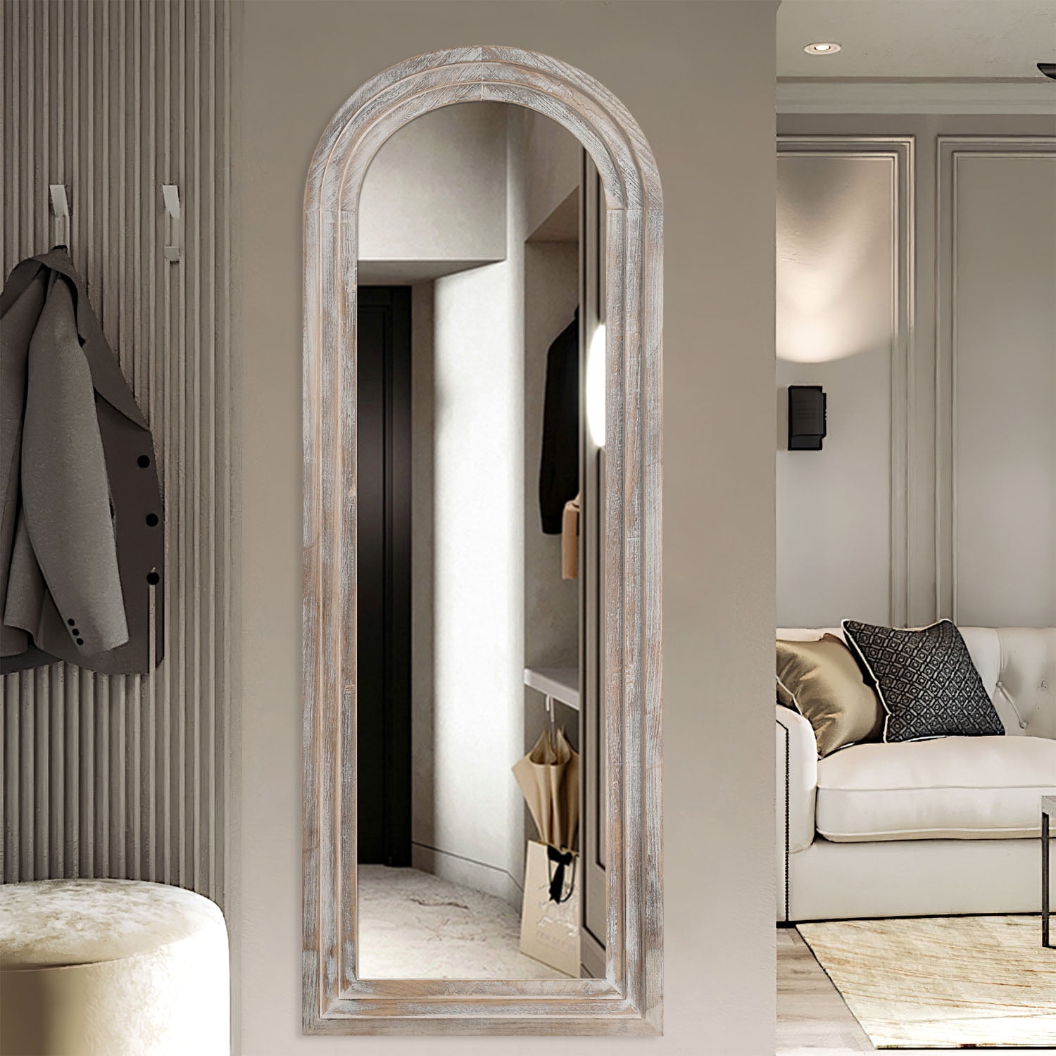 MAYEERTY 64×21in Modern Solid Wood Frame Arched Full Length Mirror with Tempered Glass, Weathered White