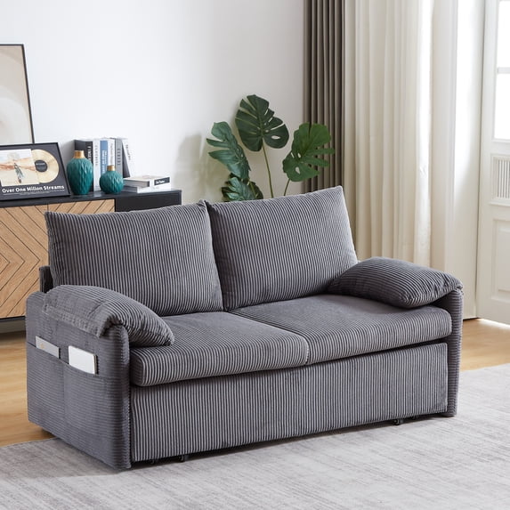 MAYEERTY 64.5 Inch Sleeper Sofa Bed 3 in 1 Adjustable Pullout Bed 2 Pillows Side Pockets Soft Corduroy Convertible Living Room Bedroom Apartment Office