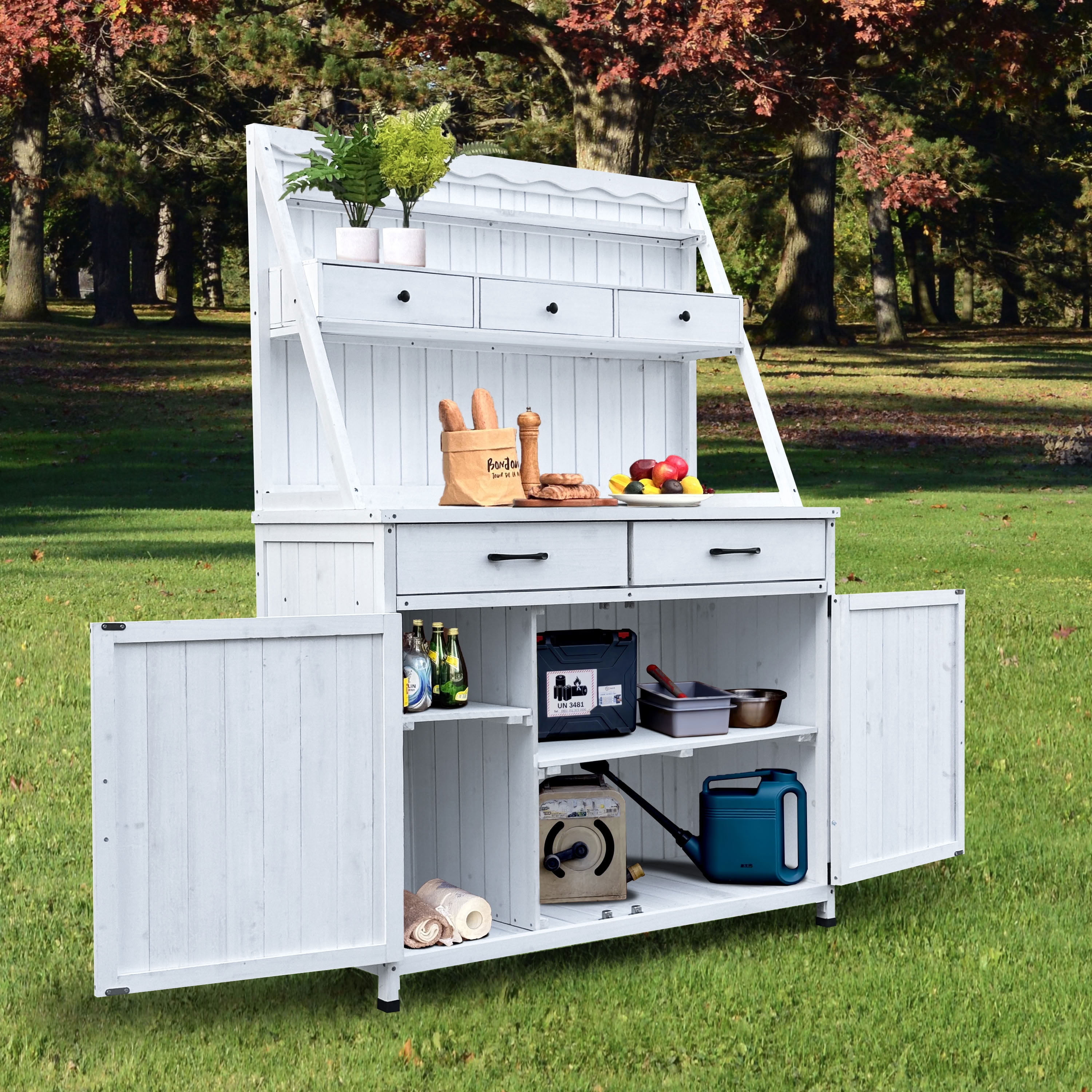 MAYEERTY 64.5" Tall Wood Potting Bench, Outdoor Garden Workstation with Drawers, Storage Cabinet, for Patio, Backyard, Greenhouse