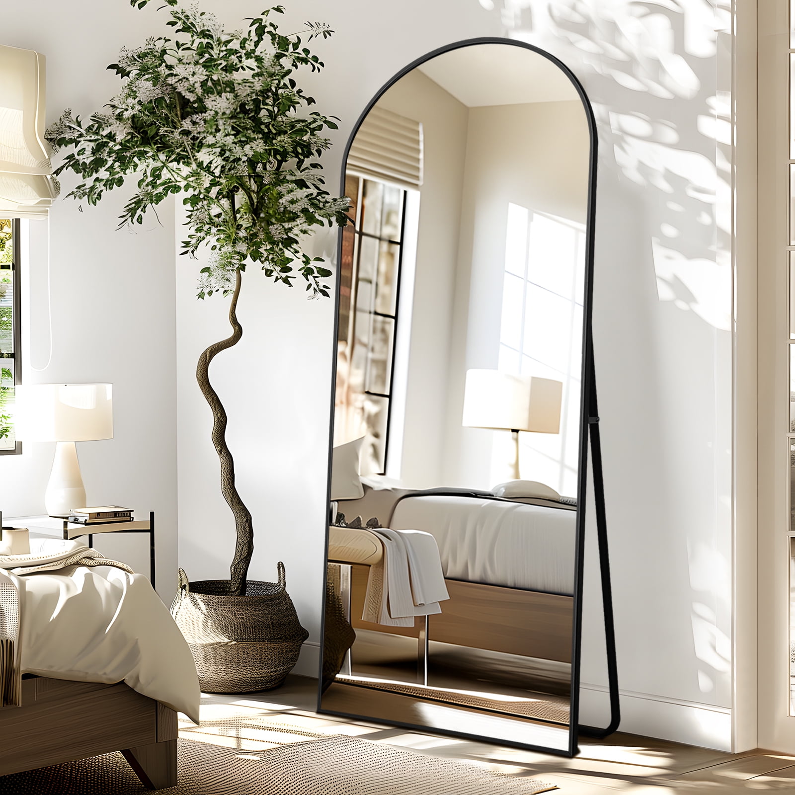 MAYEERTY 64"x 25" Metal Arched Full Length Mirror, Freestanding Body Dressing Wall Mirror, Black
