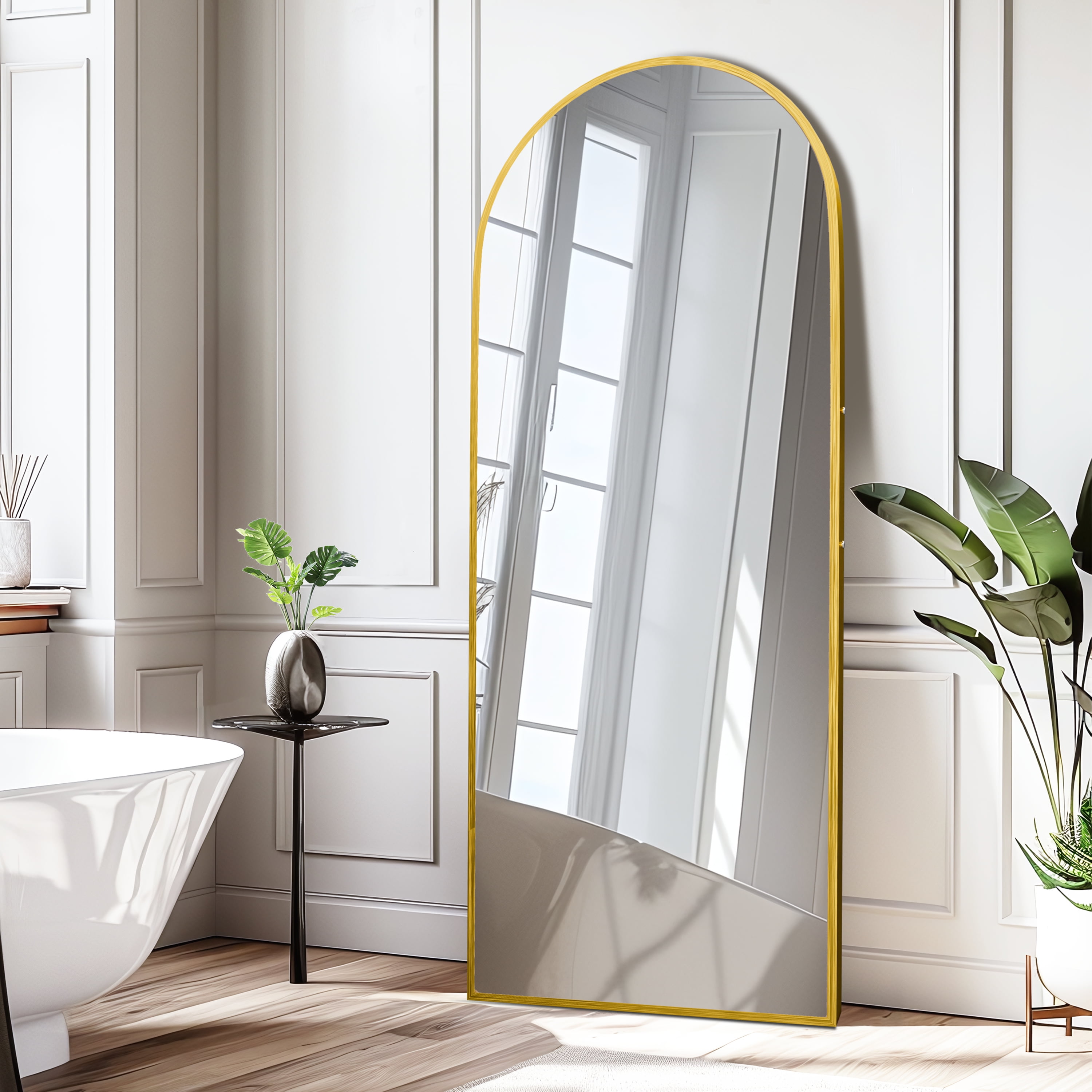 MAYEERTY 64"x21.25" Modern Arched Aluminum Alloy Frame Full Length Mirror Floor Mirror with Stand,Gold
