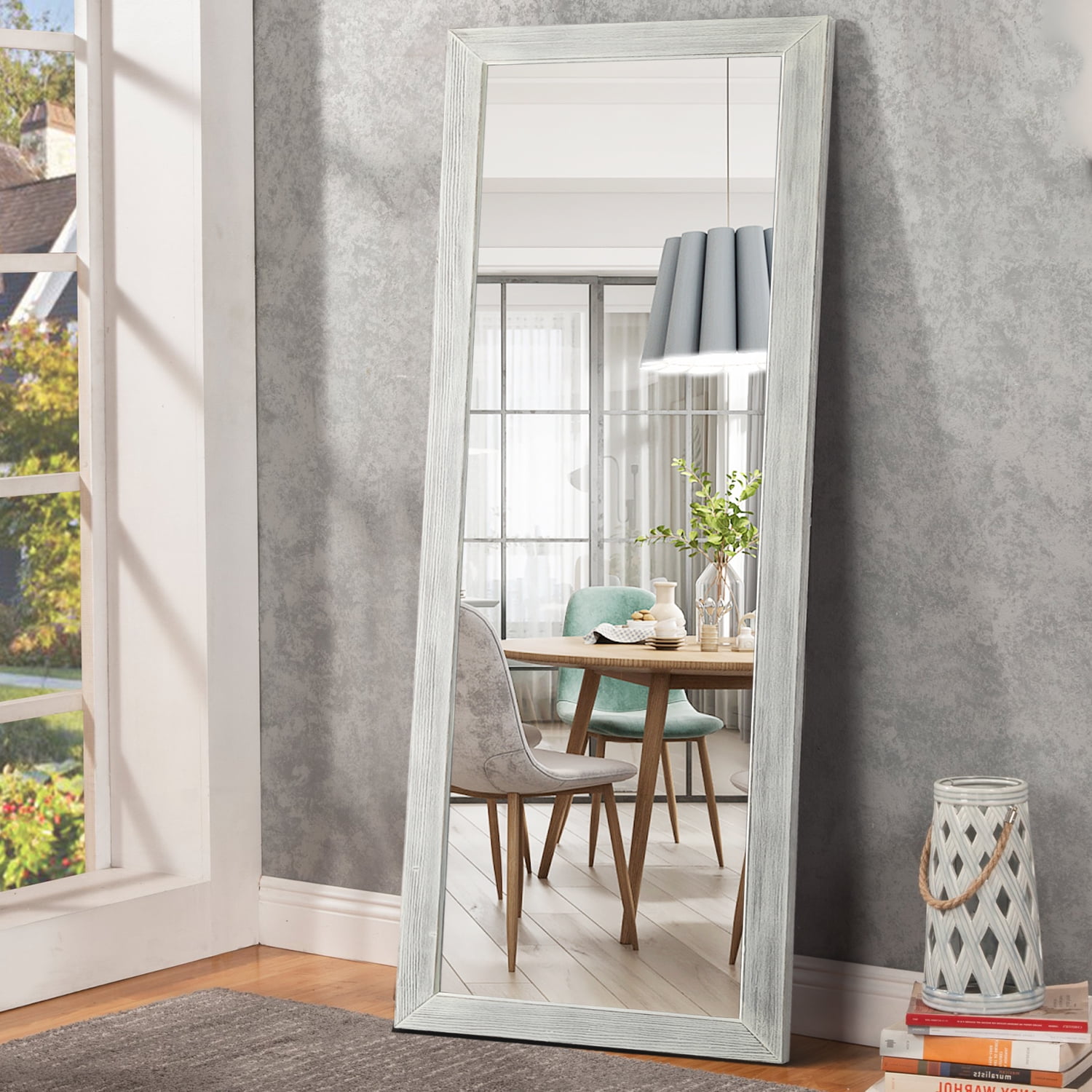 MAYEERTY 64x21 Solid Wood Brushed Washed White Full-Length Mirror