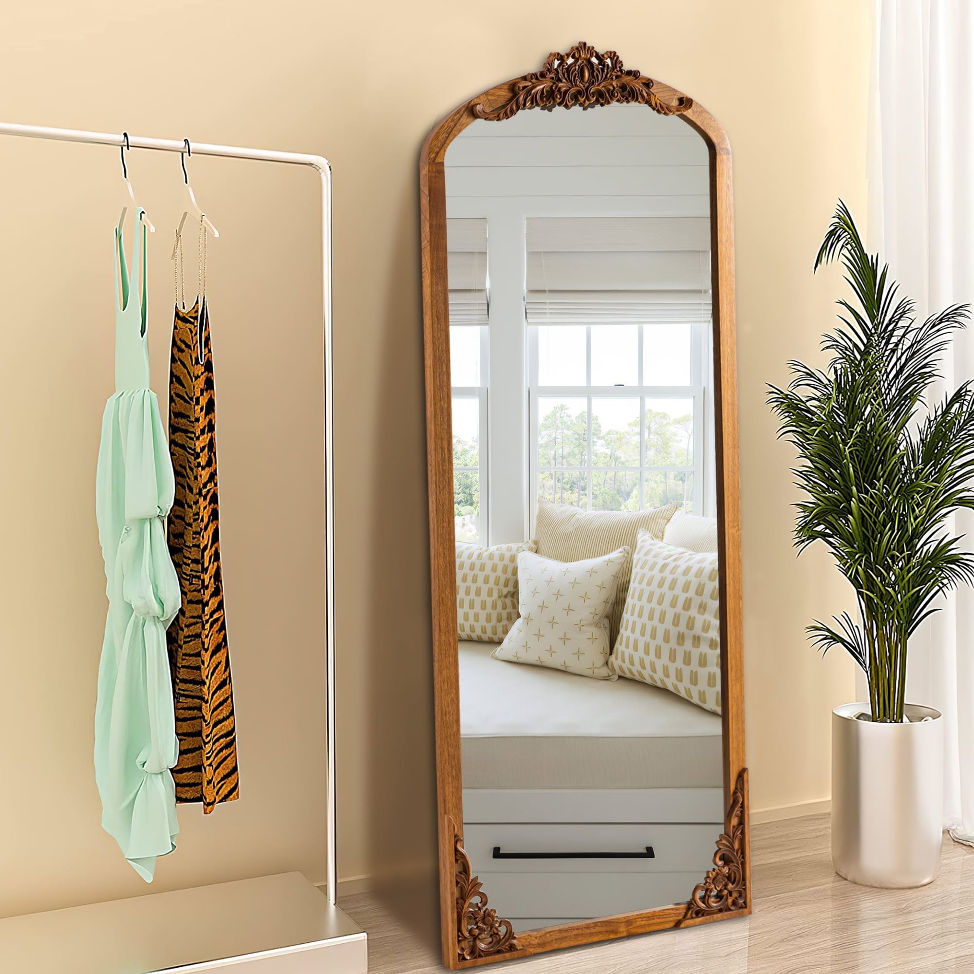 MAYEERTY 64x21 Solid Wood Step Right-Angle Arch Charred Full-Length Mirror
