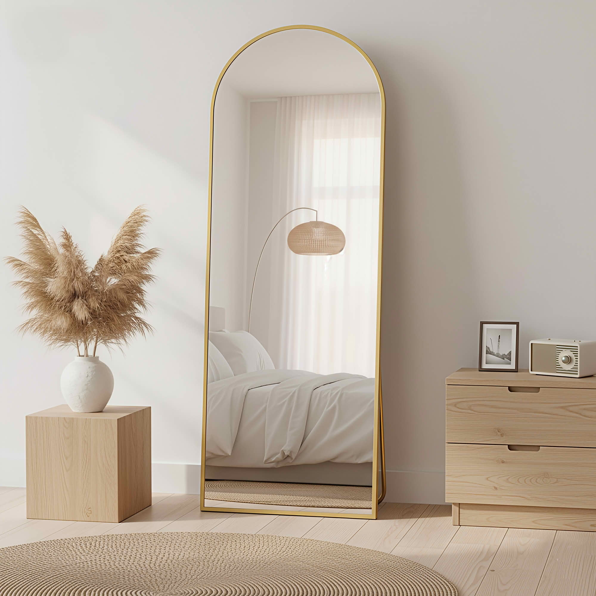 MAYEERTY 64x21in Aluminum Full-Length Mirror, Arch Shape Tempered Glass With Stand, Gold