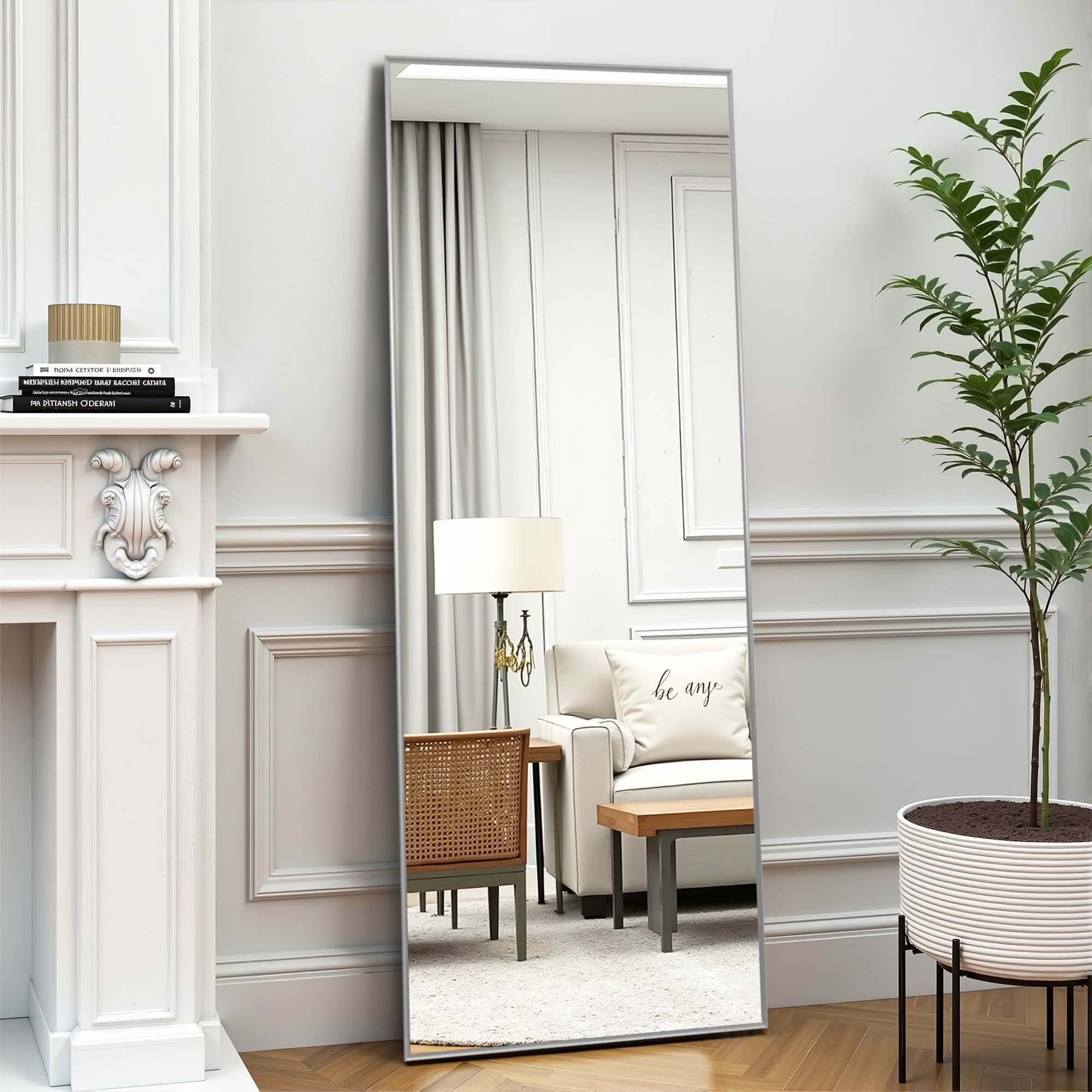MAYEERTY 64x21x1 Inch Silver Thin Edge Aluminum Right Angle Rectangular Full Length Mirror with Stand for Bedroom