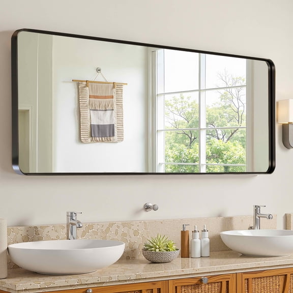 MAYEERTY 64x21x2 Inch Black Painted Aluminum Round Corner Rectangular Full Length Mirror, Deep, No Stand for Bedroom